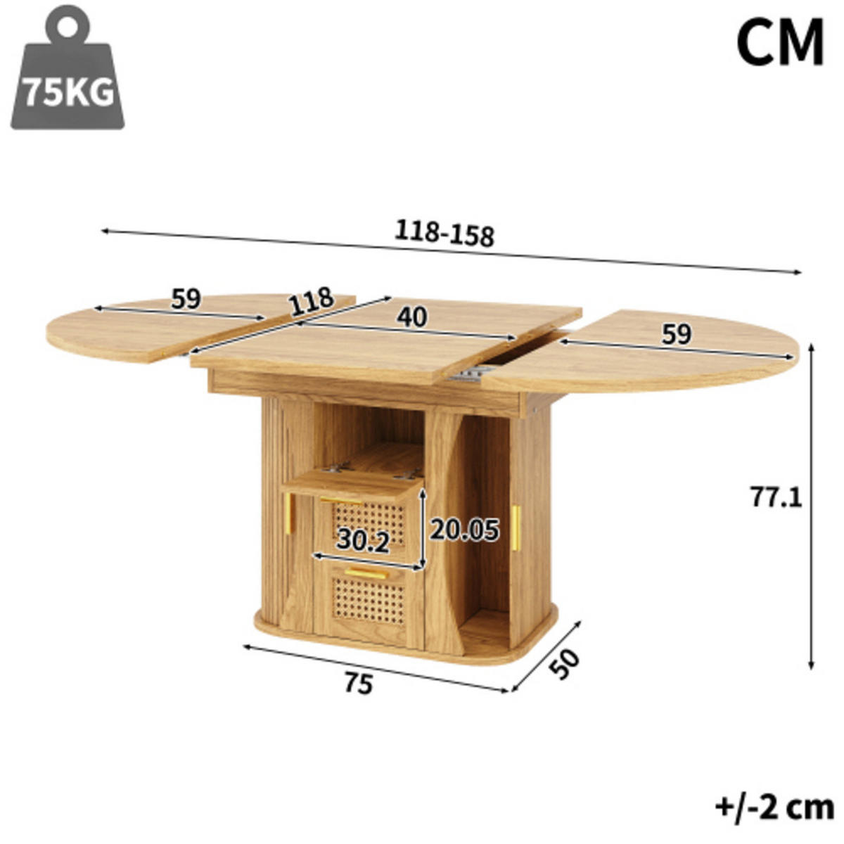 ESSTISCH Ausziehbarer 118-158×118×77,1 cm aus MDF und Metall mit Rattan-Schubladen, naturfarben - Naturfarben, Holzwerkstoff (158/118/77.1cm) - Luhomfu