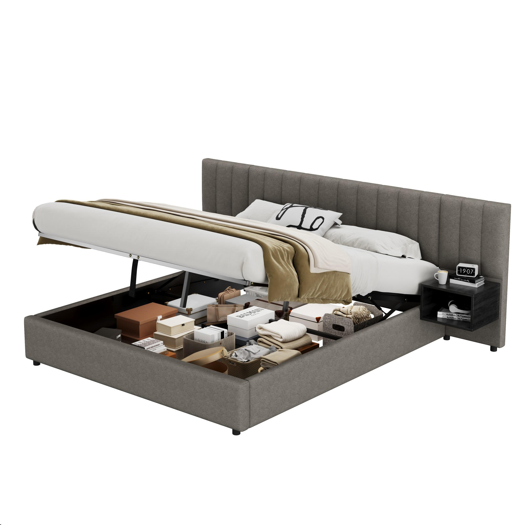 POLSTERBETT 180x200cm Grau+Schwarz Leinen Mit 2 Nachttischen - Grau, Naturmaterialien (180/200cm) - FLIEKS