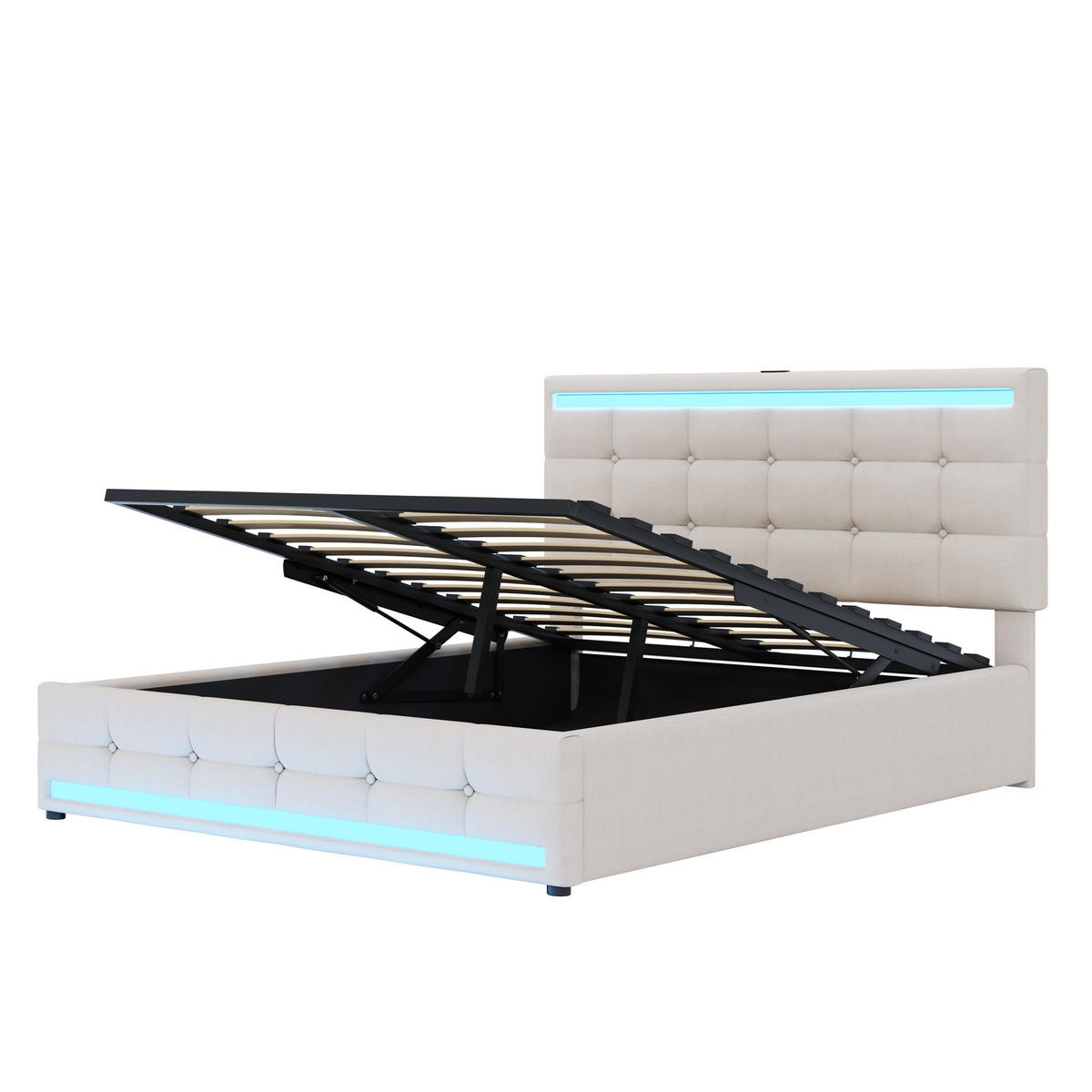 STAURAUMBETT 140/200 cm DE-01576, in Beige, mit LED-Beleuchtung, USB und hydraulischem Bettkasten - Beige, Metall (140/200cm) - ComfortXL