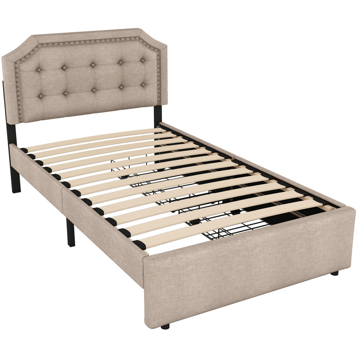 POLSTERBETT 90/200 cm aus Leinen und MDF mit 2 Schubladen und höhenverstellbarem Kopfteil, Dunkelbeige - Beige, Holzwerkstoff (90/200cm) - Redom