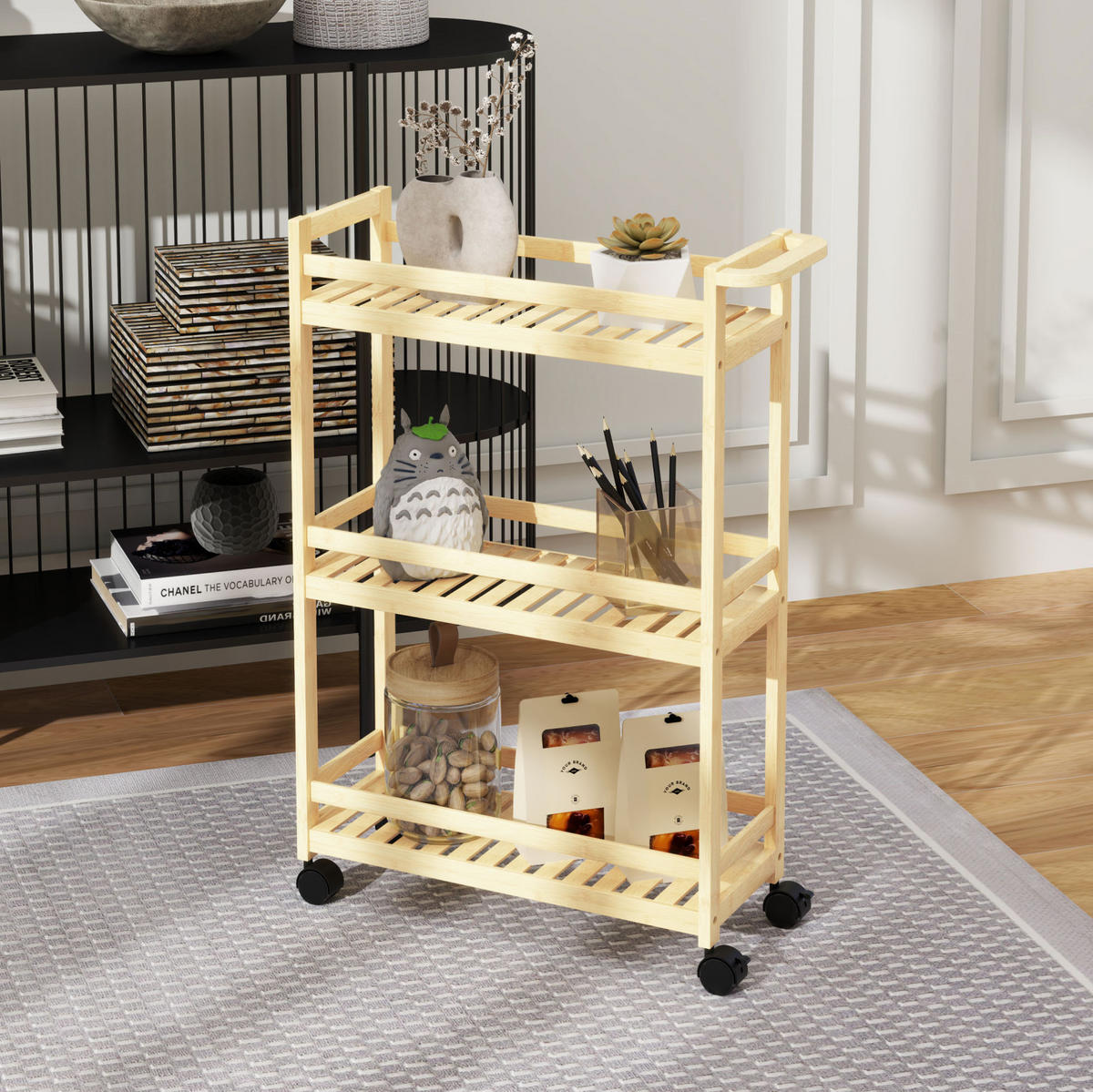 SERVIERWAGEN 55/20/75 cm mit 3 Lamellenablagen, Rollen, Bremsen und Griff, Bambus, Naturholz - Hellbraun, Naturmaterialen (55/75/20cm) - Redom
