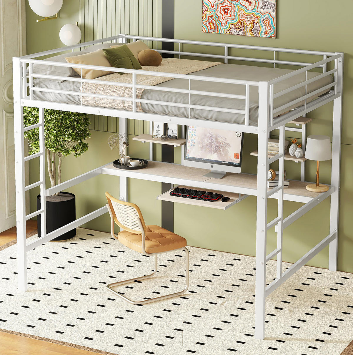 HOCHBETT mit Schreibtisch 140/200 cm in Weiß – mit 2 Regalen und Rausfallschutz - Weiß, Metall (140/200cm) - BEAOK