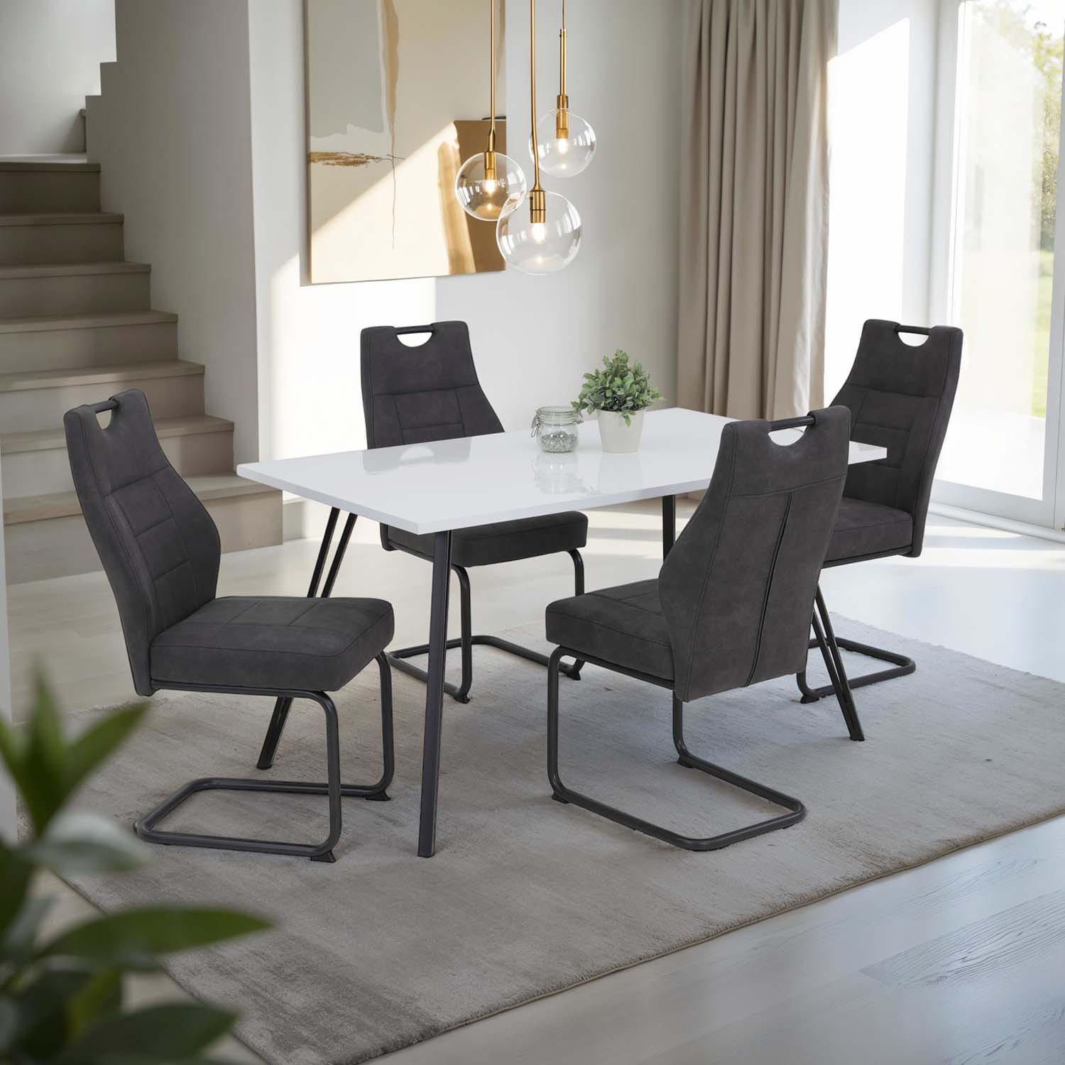 ESSGRUPPE Tiara, 5 tlg. - Tisch Weiß, 4 Stühle Anthrazit - Weiß Hochglanz/Anthrazit, Holzwerkstoff/Textil (140/76/80cm) - Möbel Stellbrink