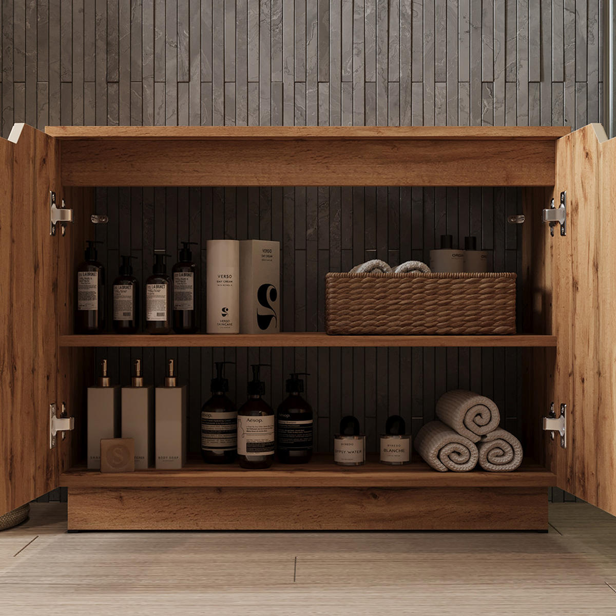 BADMÖBEL-SET Lotta Eiche/Kaschmir mit Kachelstruktur 2 Teile - Kaschmir/Eichefarben, Holzwerkstoff (79.6/62.1/32cm) - Vicco