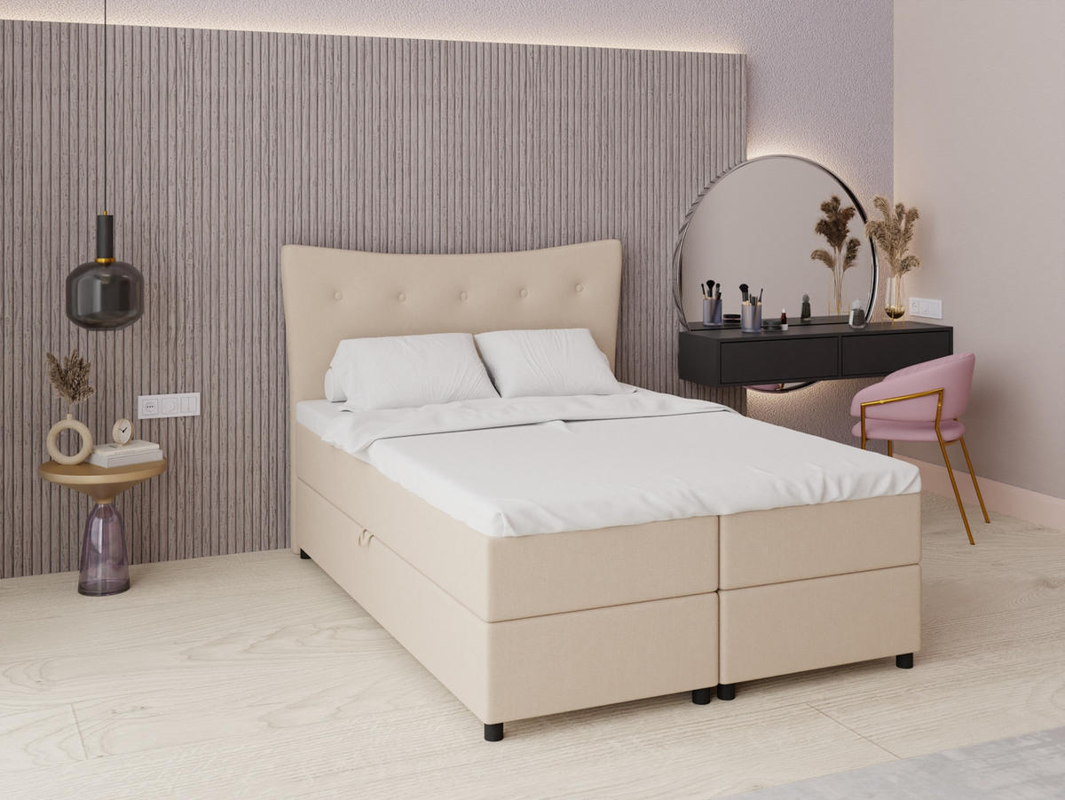 BOXBETT Nevada 140 x 200 cm Doppelbett mit hochwertiger Bonell-Matratze und Topper - beige - Beige, Holz (140/200cm) - Panda Möbel