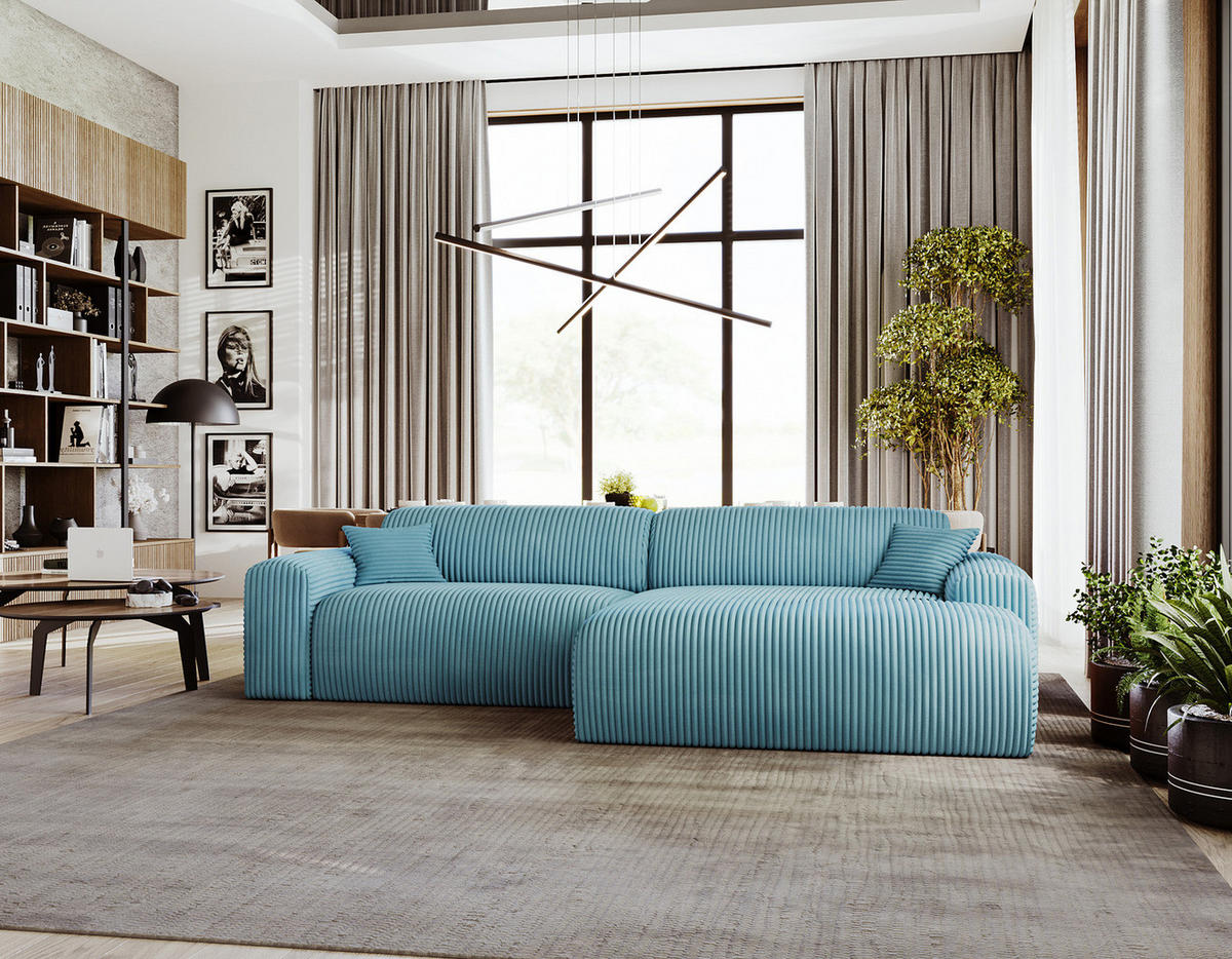 ECKSOFA mit Longchair - Cord - Türkis/Schwarz, Kunststoff/Textil (284/178cm) - home24