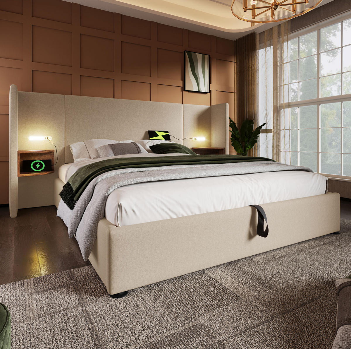 POLSTERBETT 160/200 cm Beige aus Leinen mit Stauraum - Beige, Textil (160/200cm) - OKMYHOME