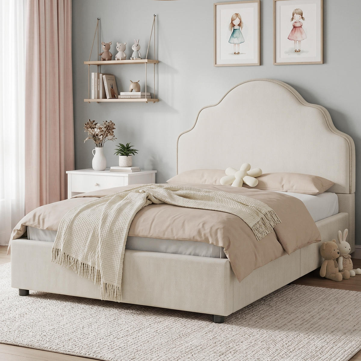 POLSTERBETT 90x200cm Kinderbett Leinen Beige Kopfteil - Beige, Naturmaterialien (90/200cm) - FLIEKS