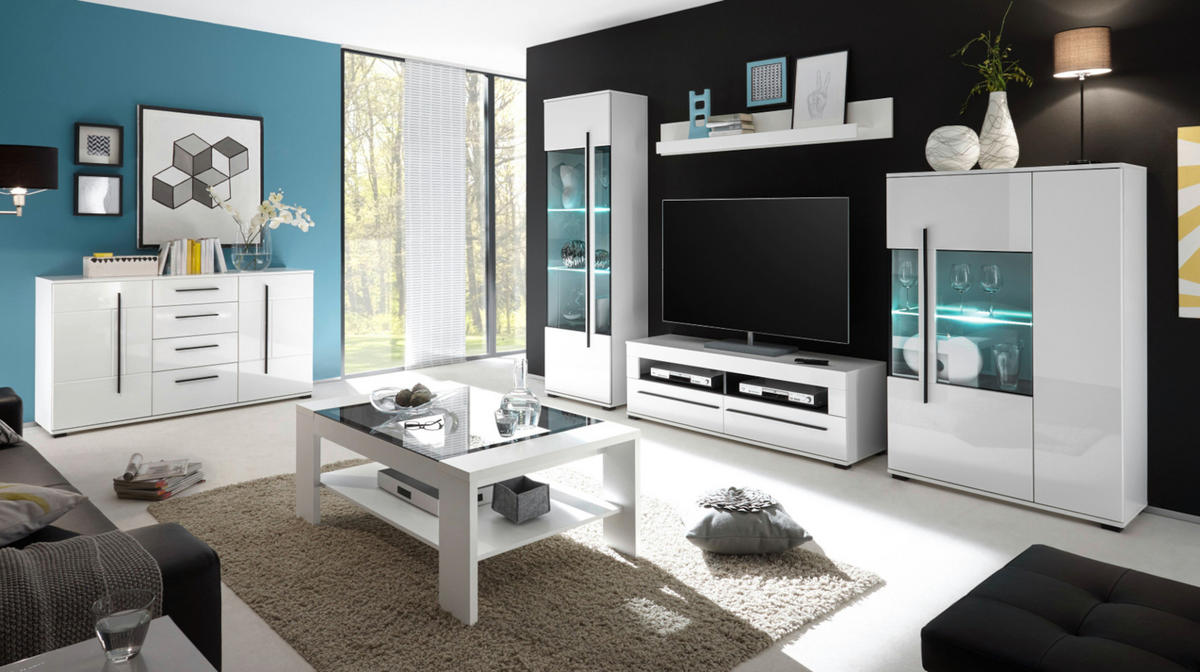 SIDEBOARD weiß Hochglanz 150 cm, Kommode mit Soft-Close - Weiß Hochglanz/Schwarz, Glas/Holzwerkstoff (150/86/42cm) - Furn.Design