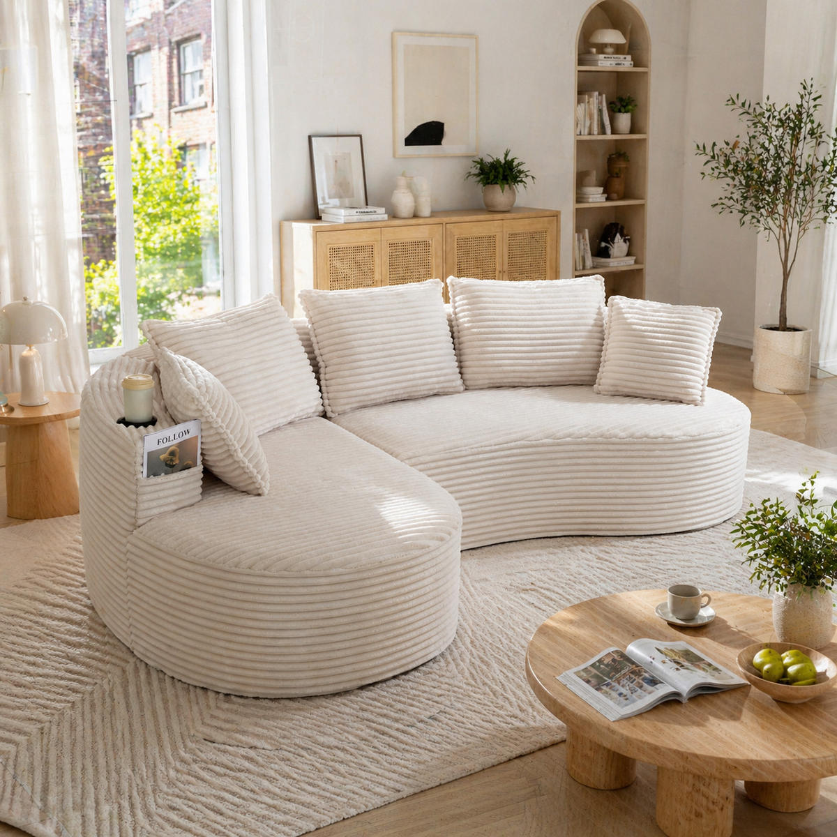 ECKSOFA DE-33808 Bogendesign mit Becherhalter Beige - Beige, Textil (250/152cm) - ComfortXL