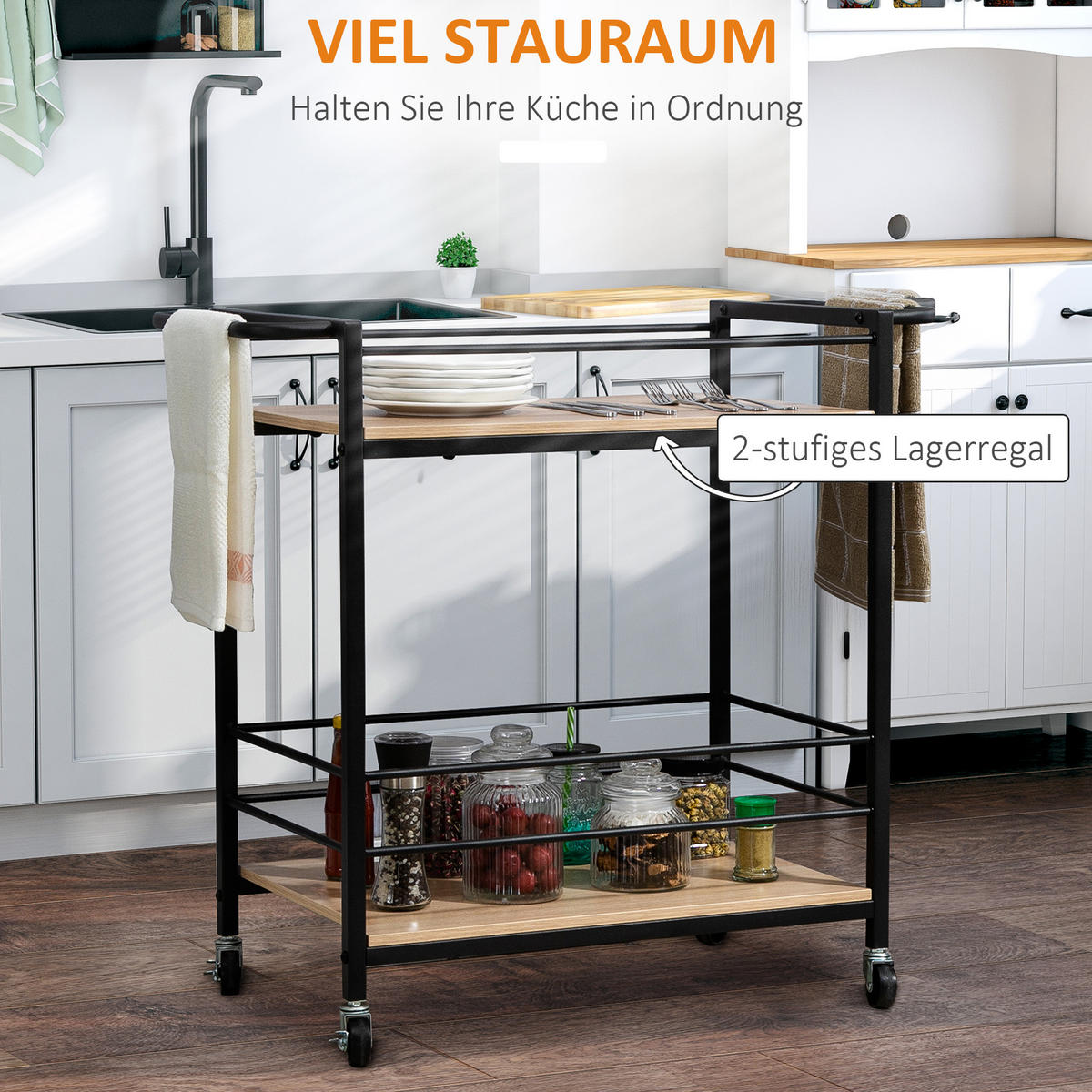 KÜCHENWAGEN, Spanplatte, Stahl, Naturholz - Naturfarben, Kunststoff (40/75/82cm) - HOMCOM