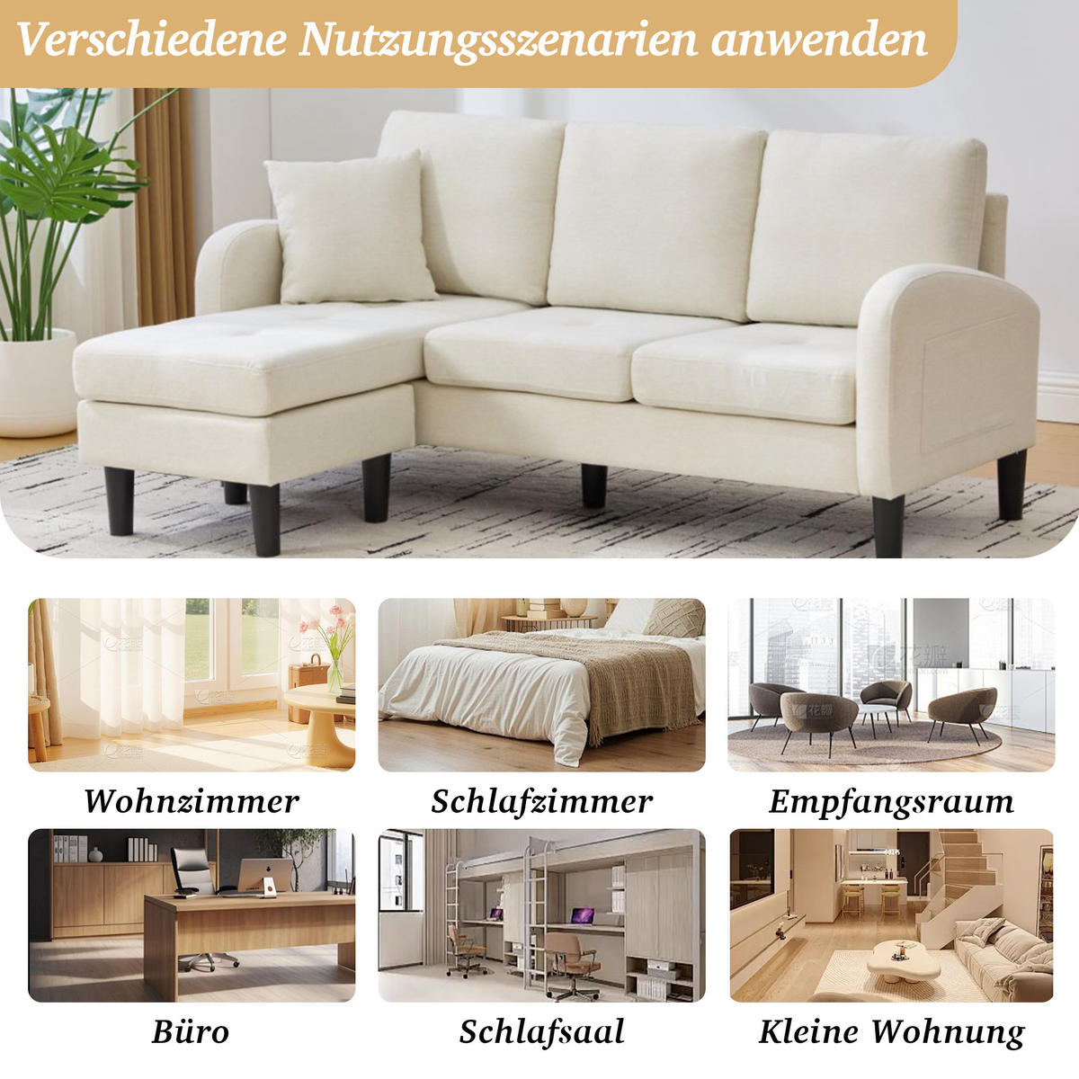 ECKSOFA Baumwoll-Leinenbezug mit modularer Chaiselongue Hellbeige 166/118/77 cm - Beige/Weiß, Textil (166/118cm) - Redom