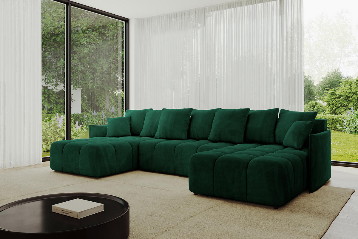 WOHNLANDSCHAFT LONLI-U 355x189x68 Dunkelgrün Velours - Dunkelgrün, Holzwerkstoff/Kunststoff (355/68/189cm) - ALTDECOR