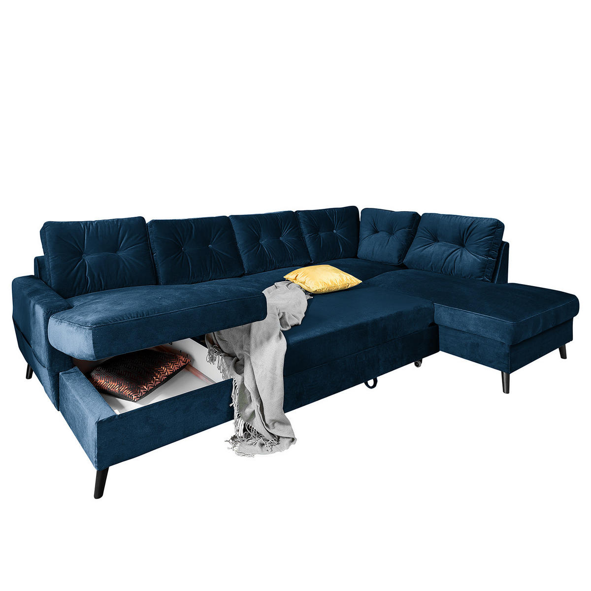 WOHNLANDSCHAFT mit Longchair - Schwarz/Dunkelblau, Buchenholz/Textil (297/90/200cm) - home24