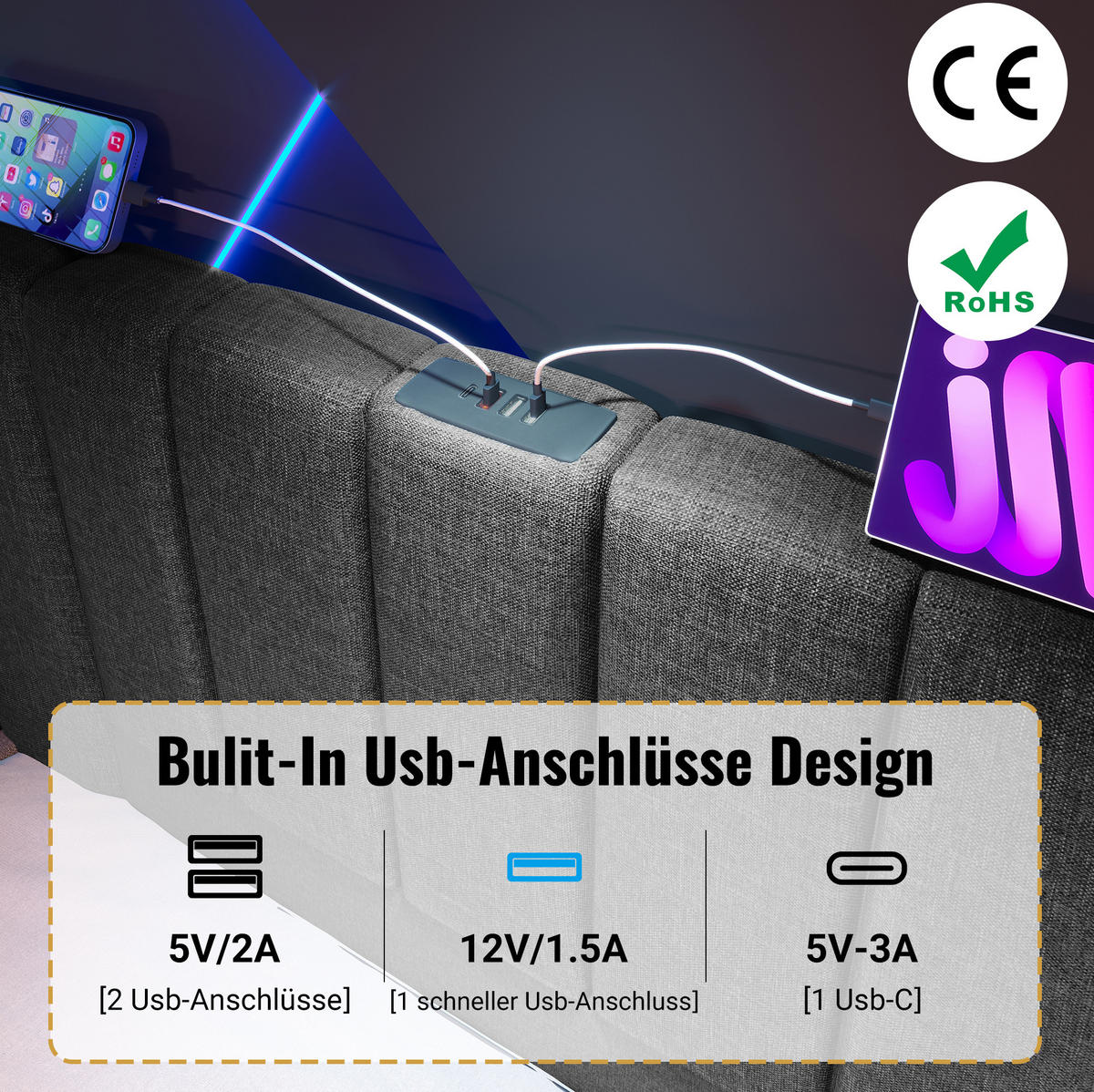 POLSTERBETT 180/200 cm Grau aus Leinen mit LED und Ladefunktion - Grau, Textil (180/200cm) - OKMYHOME