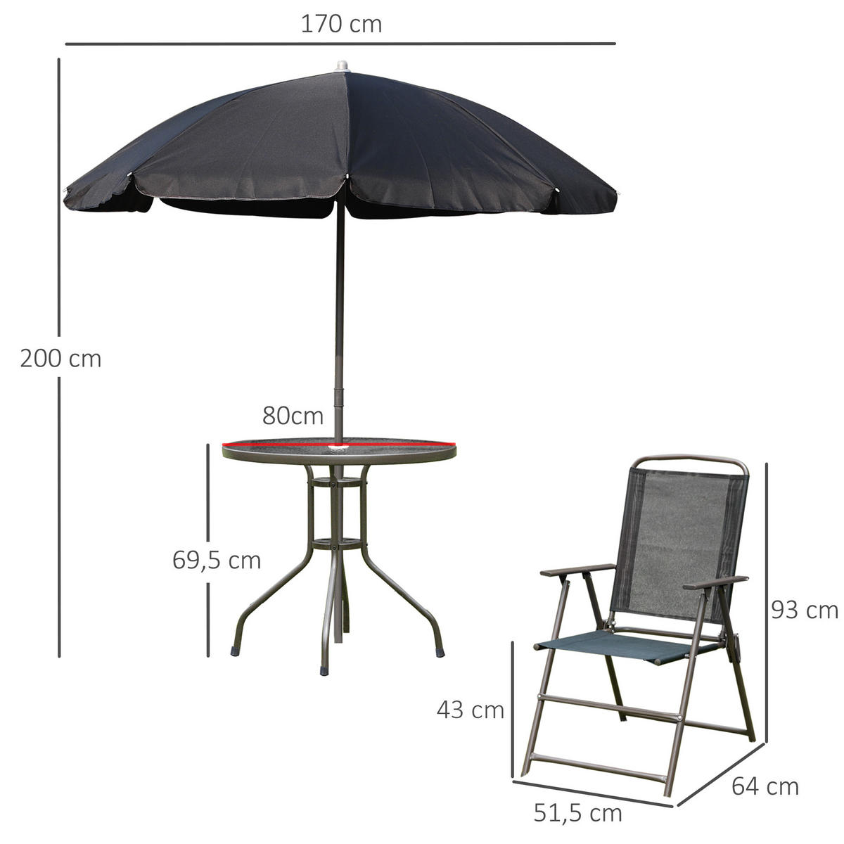 BALKONSET DE-18108 runder Tisch, 4 Klappstühle und Schirm Schwarz - Schwarz, Metall - ComfortXL