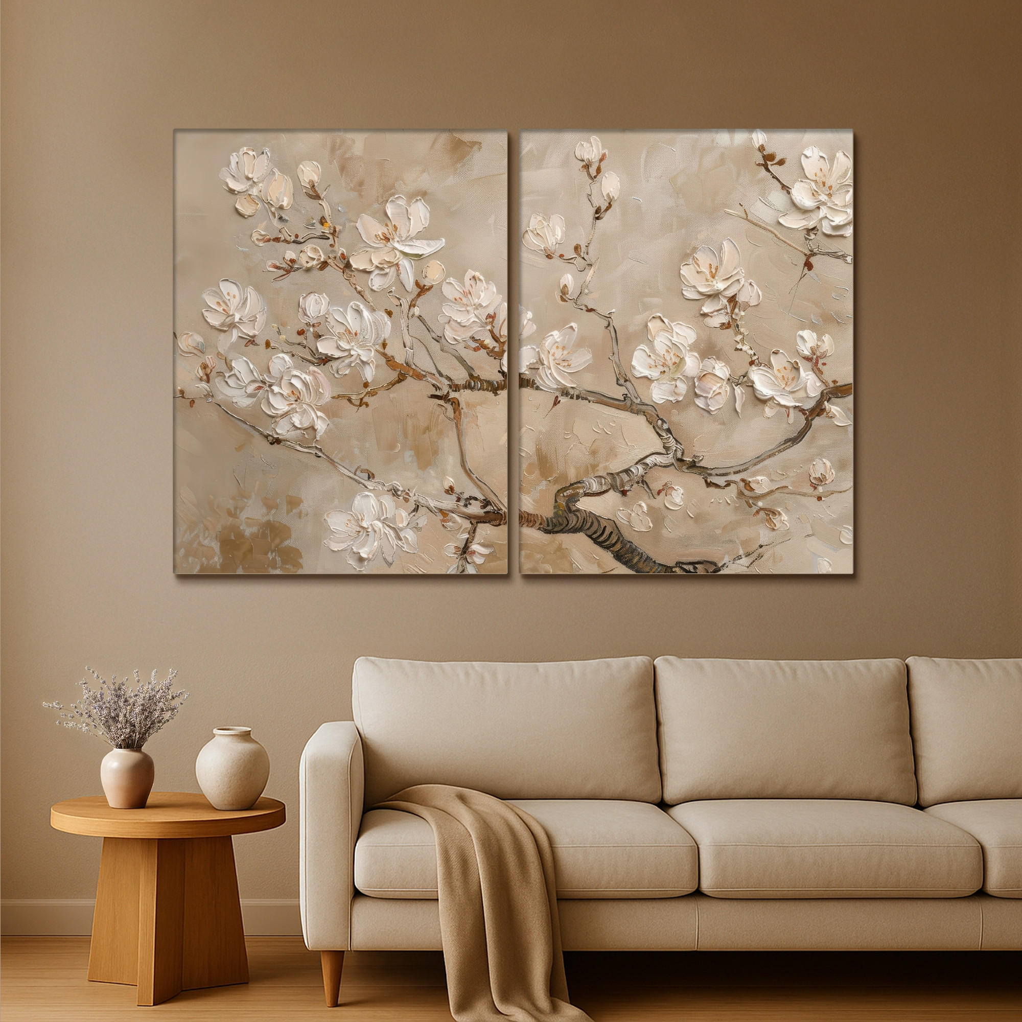 LEINWANDBILD 2er Set Beige - Blüte - Modern 180x120 cm - Greige, Textil (180/120cm) - MuchoWow