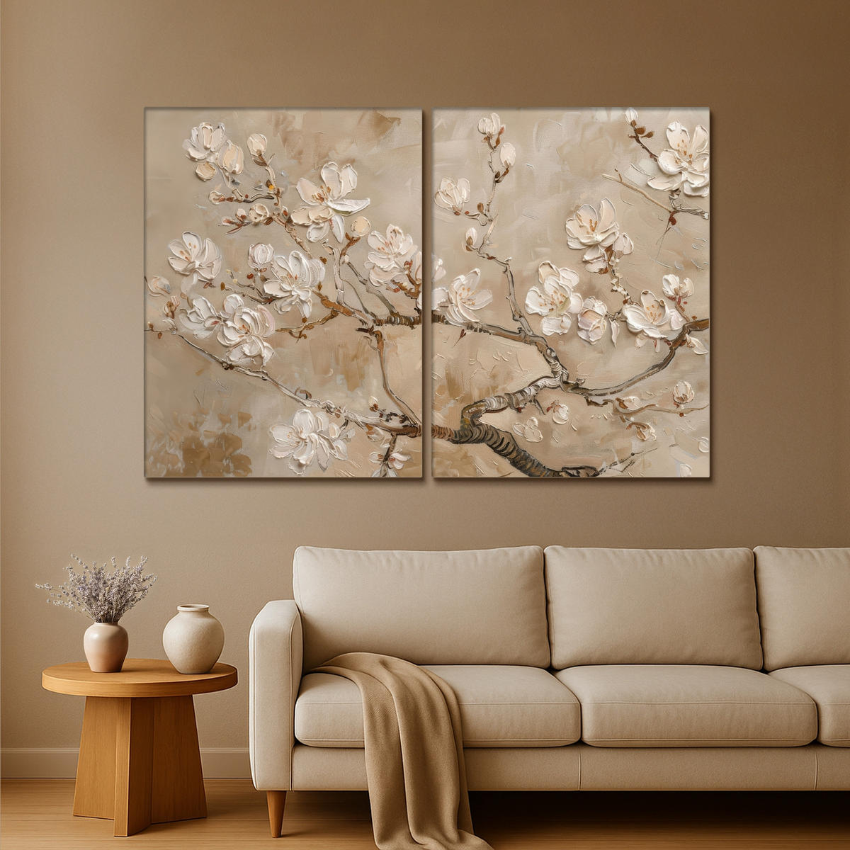 LEINWANDBILD 2er Set Beige - Blüte - Modern 180x120 cm - Greige, Textil (180/120cm) - MuchoWow