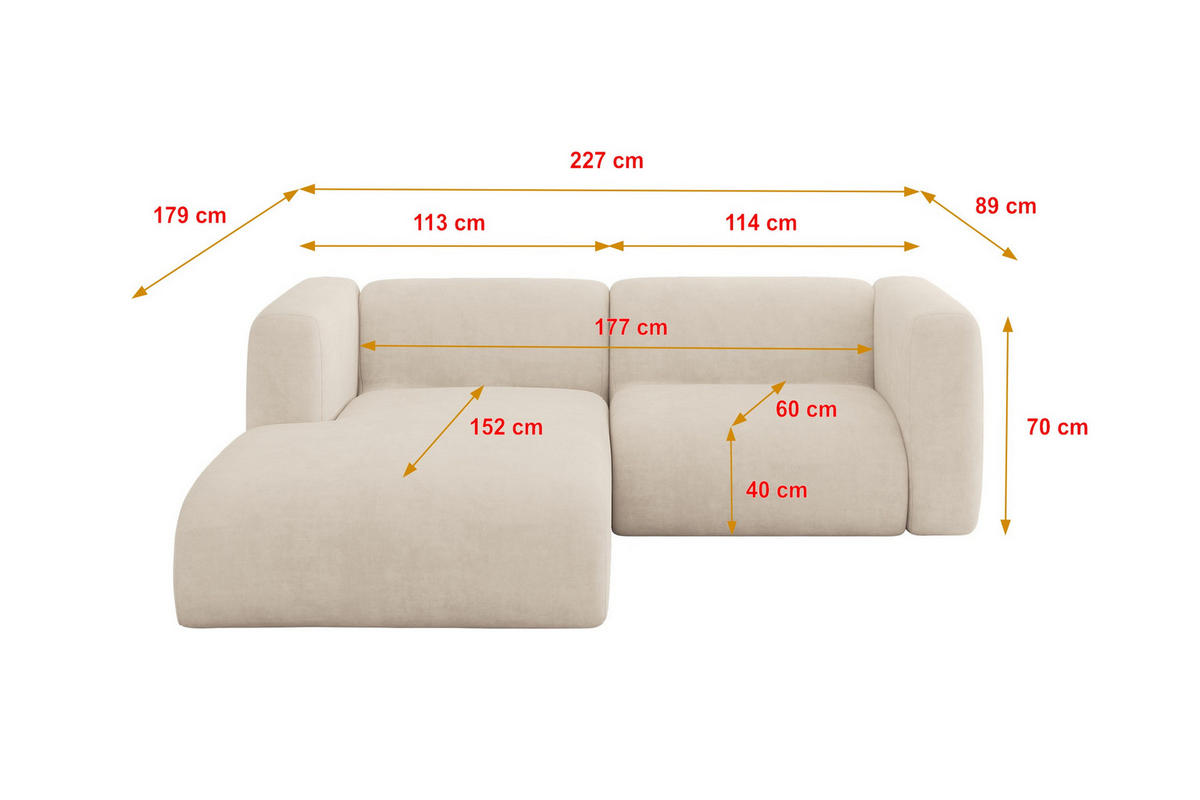 ECKSOFA Ottomane Links MIRA-L1 227x179x89 Beige Velours - Greige/Beige, Holzwerkstoff/Kunststoff (227/179cm) - ALTDECOR