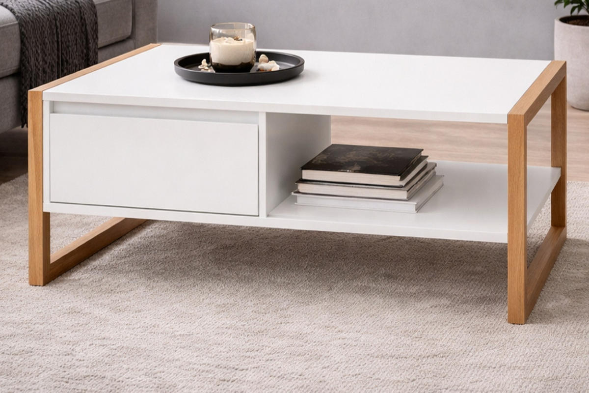 COUCHTISCH weiß, Eiche Artisan 100 cm, Wohnzimmertisch mit Stauraum - Eiche Artisan/Weiß, Holzwerkstoff (55/100/40cm) - Furn.Design