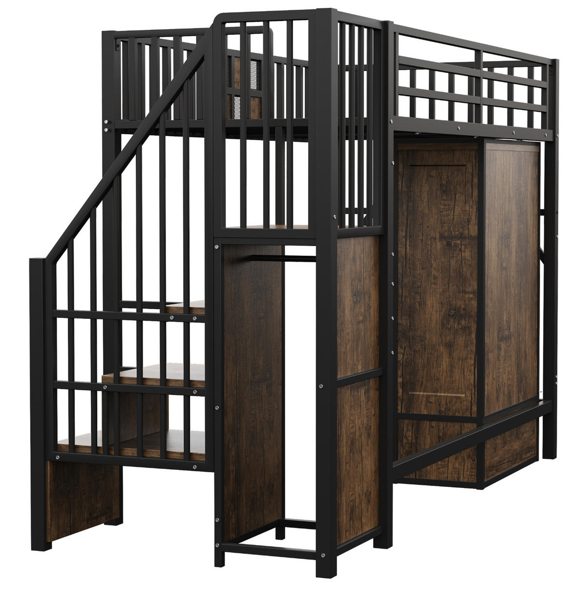 HOCHBETT 90/200 cm aus Metall und Holz mit Kleiderschrank und Stauraumleiter - Schwarz, Metall (90/200cm) - Flora Grace