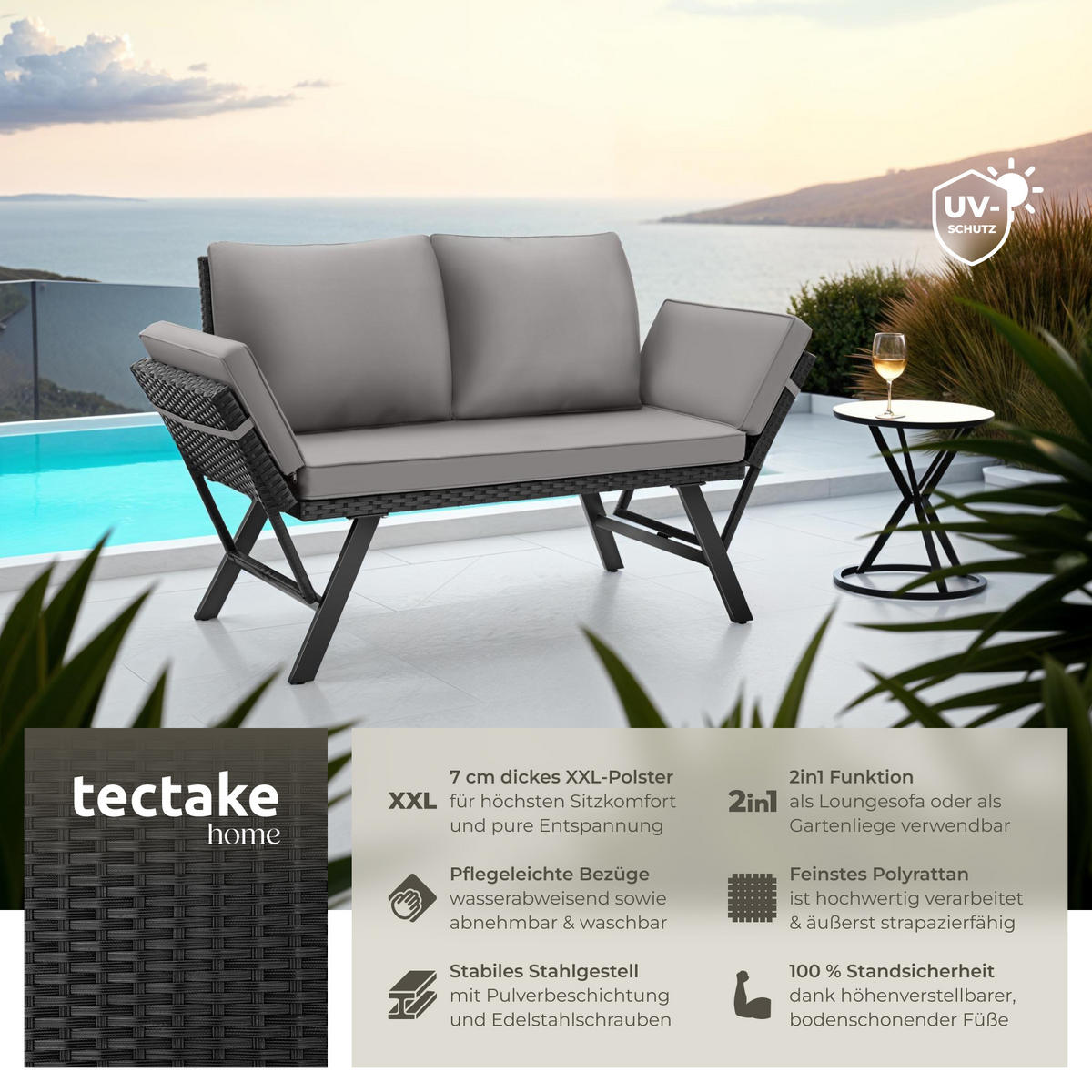RATTAN-LOUNGESOFA Sintra,157 x 61 x 89 cm,hellgrau/schwarz - Hellgrau/Schwarz, Kunststoff/Textil (157/89/61cm) - tectake