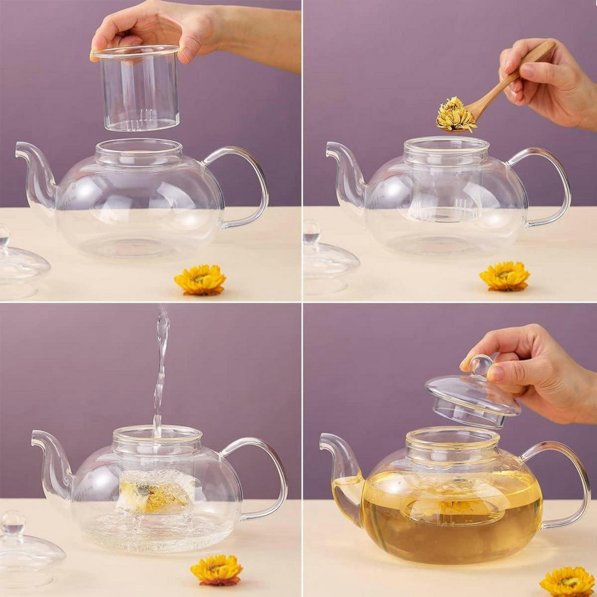 TEEKANNE mit 4 Tassen Glas 1000 ml mit Teesieb - Transparent, Glas (13/30cm)