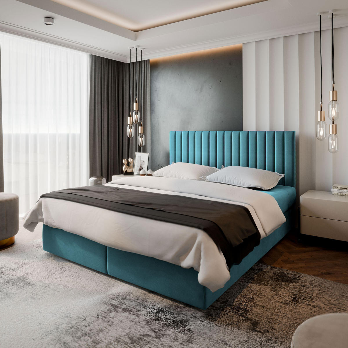 BOXBETT BRESEL 180x200 cm mit Matratze und Topper - Blau - Hellblau, Holz (180/200cm) - MASSENO