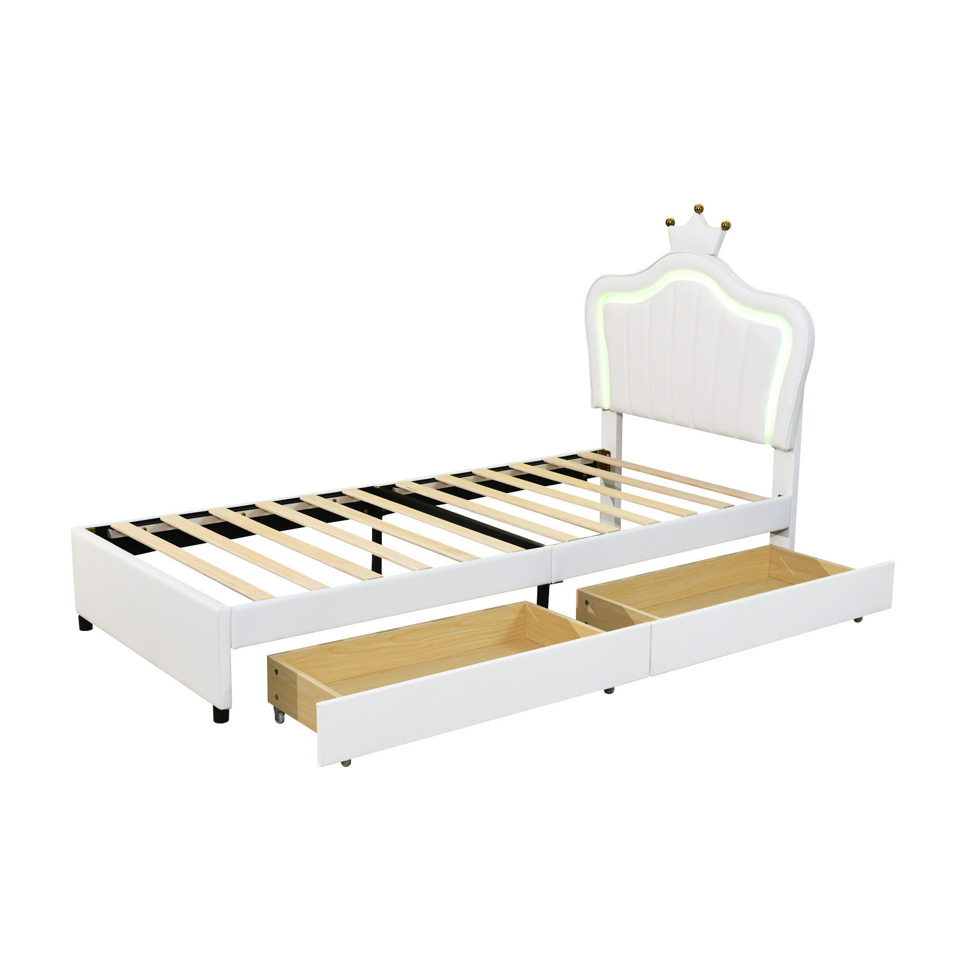 KINDEREINZELBETTEN aus Kunstleder 90x200 cm in Weiß mit LED-Beleuchtung & 2 Schubladen - Weiß, Leder (90/200cm) - Modfu