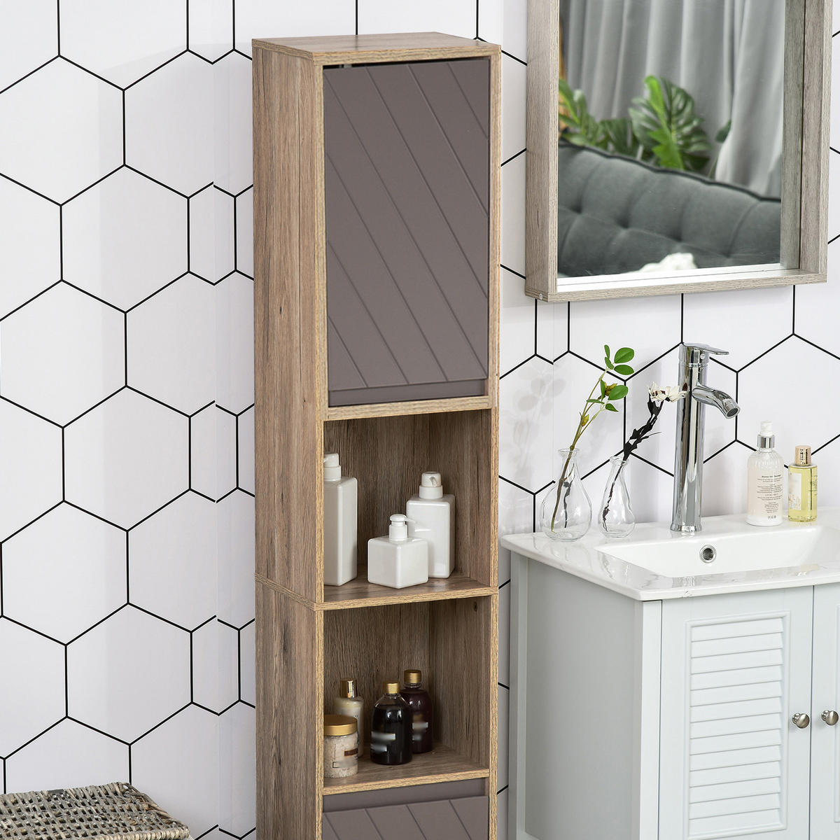 HOCHSCHRANK DE-12330 30/24/170 cm Eiche hell / Grau - Grau, Holzwerkstoff (24/170/30cm) - ComfortXL
