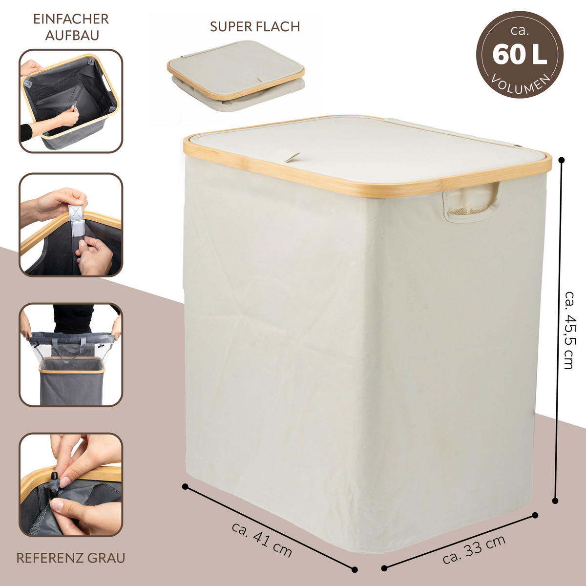 WÄSCHESAMMLER 60 Liter, beige - Beige, Textil (41/45.5/33cm) - bremermann