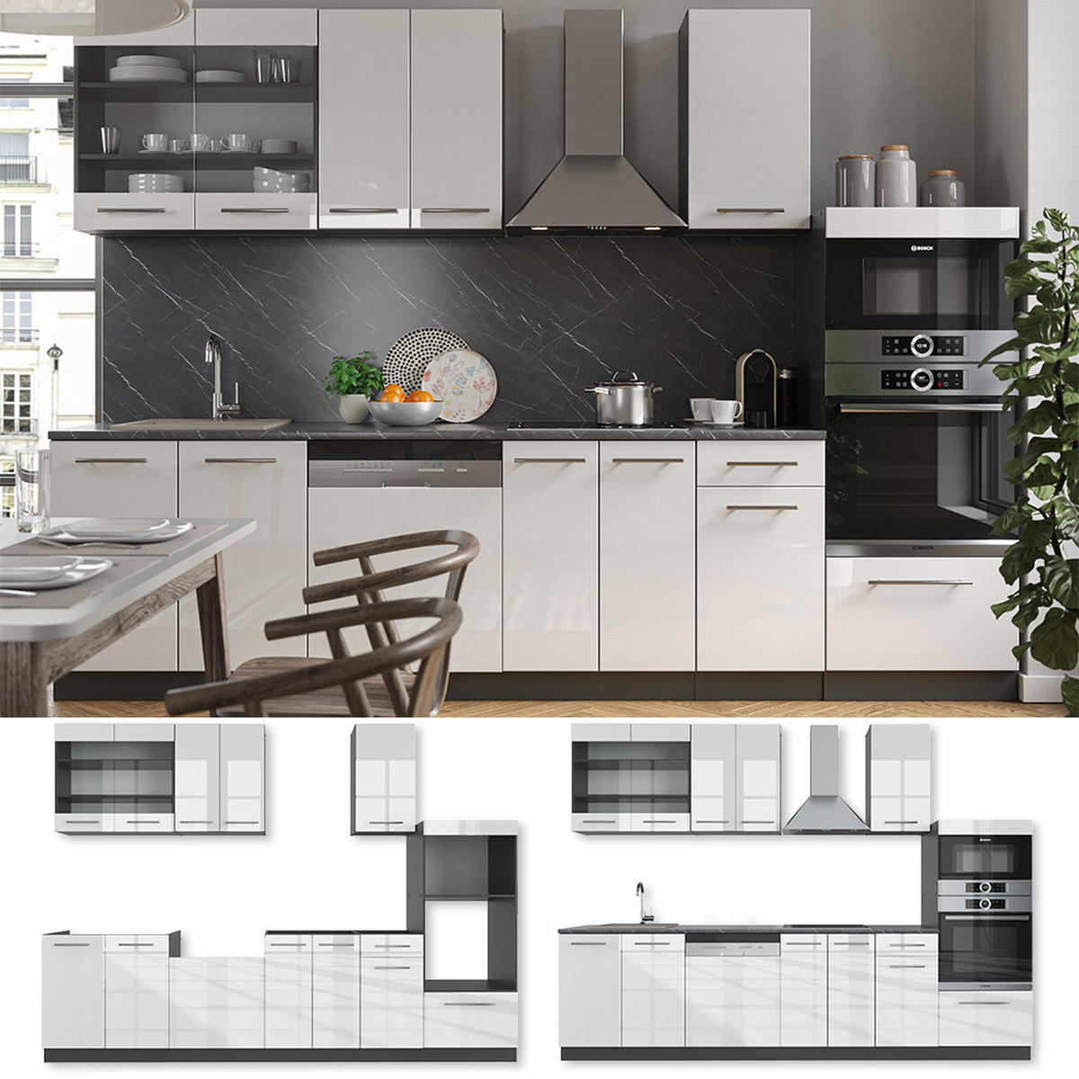 KÜCHENZEILE Fame-Line Weiß Hochglanz/Anthrazit 300 cm AP Anthrazit - Weiß Hochglanz/Anthrazit, Holzwerkstoff (300/81.6/60cm) - Vicco