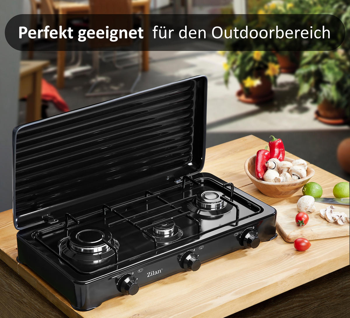 GASKOCHER 3-Flammig Abnehmbarer Deckel 30 mbar Schwarz - Schwarz, Metall (58/11/38cm) - Zilan