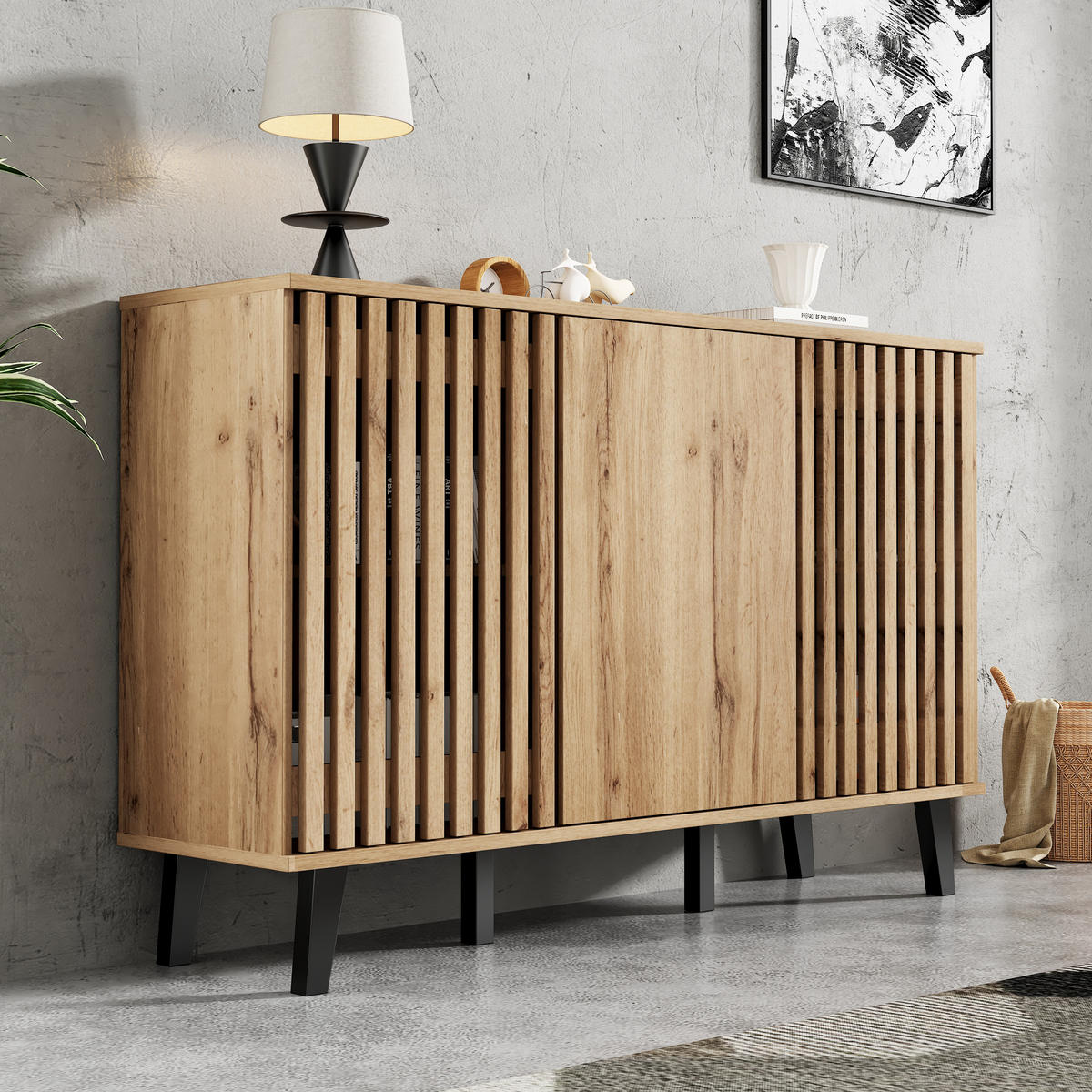 SIDEBOARD 3 Türen 6 Fächer 150x40x95cm Stauraum Mehrzweck - Naturfarben, Holzwerkstoff (40/95/150cm) - FLIEKS