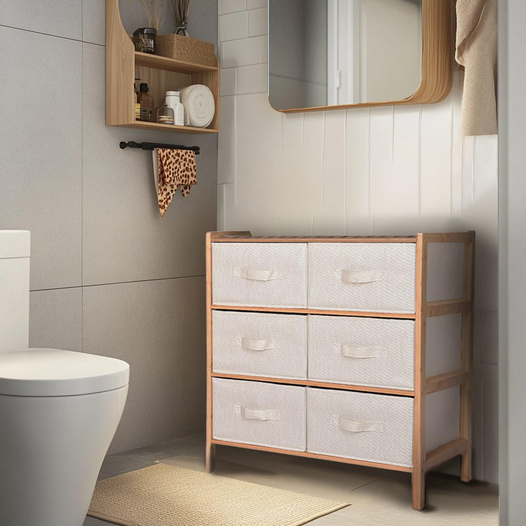 BADEZIMMERSCHRANK Bambus Stoff Beige Natur 66/35/79 cm - Naturfarben, Holz/Textil (66/79/35cm) - Begryf