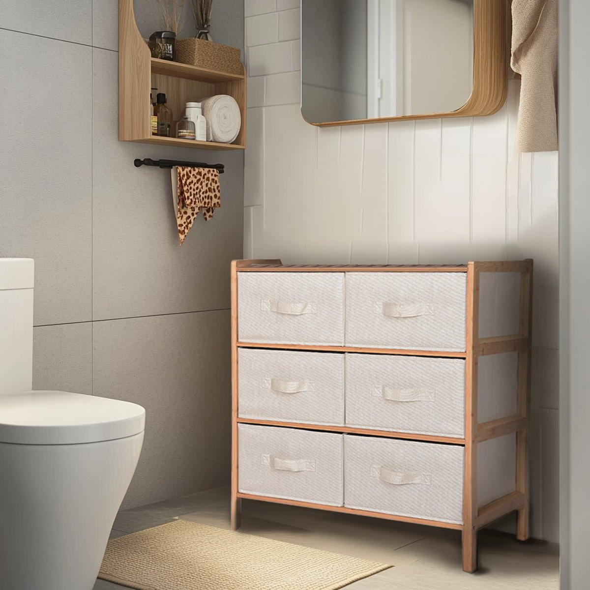 BADEZIMMERSCHRANK Bambus Stoff Beige Natur 66/35/79 cm - Naturfarben, Holz/Textil (66/79/35cm) - Begryf