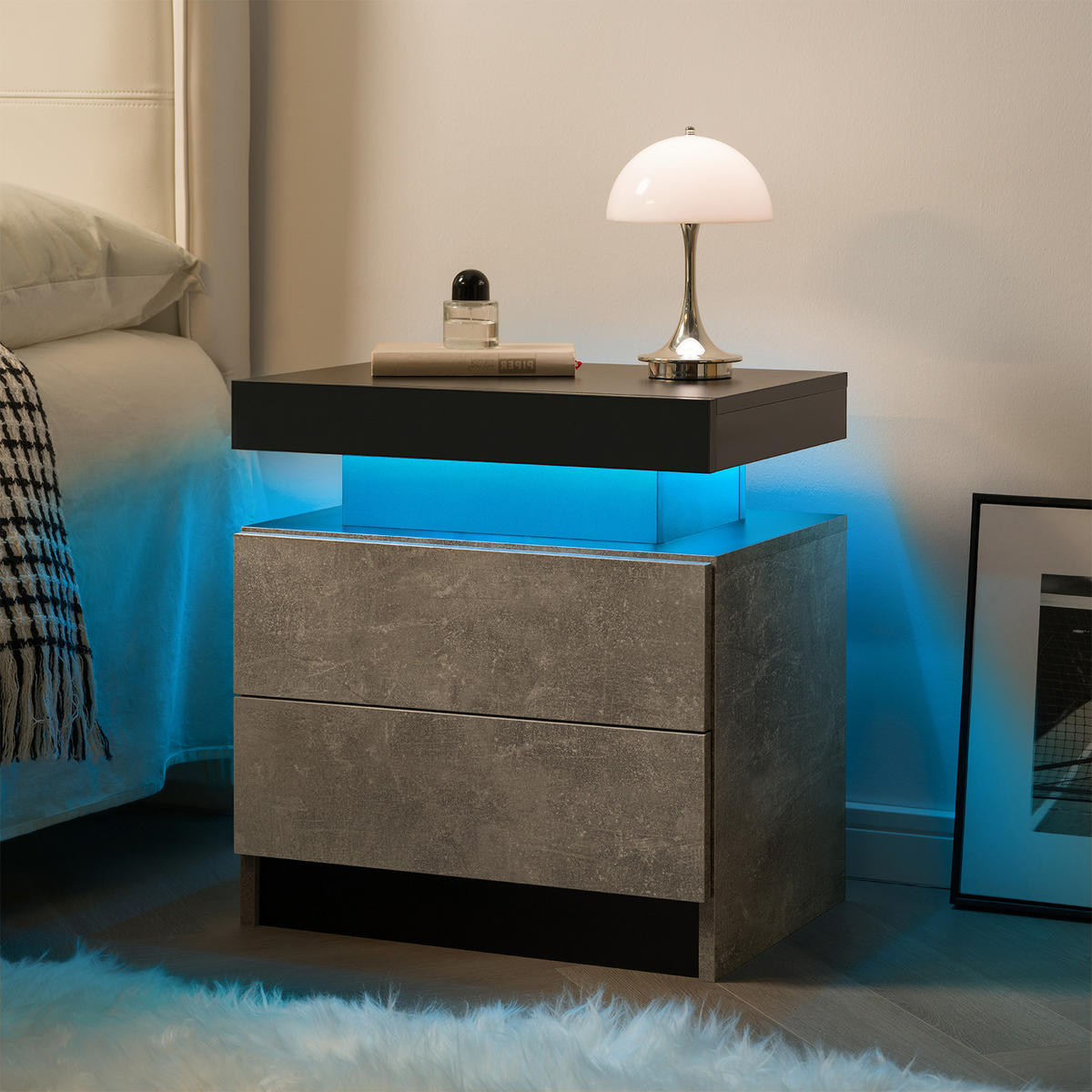 NACHTTISCH 50/53/36 cm grau aus Holzwerkstoff mit LED-Beleuchtung und 2 Schubladen - Grau, Holzwerkstoff (53/36/50cm) - OKWISH
