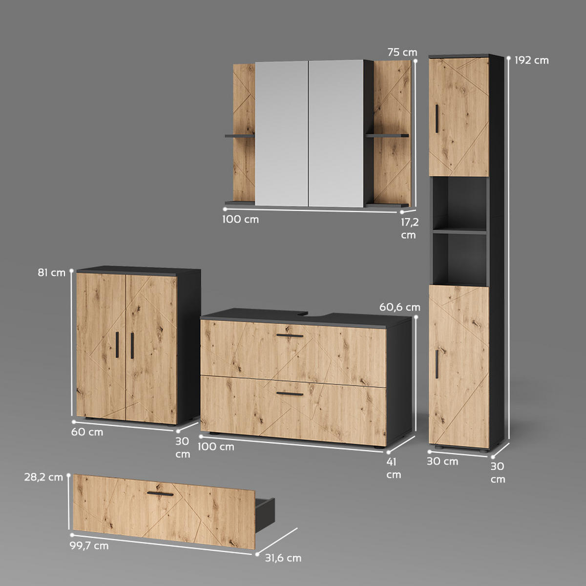 BADMÖBEL-SET Ronco, Anthrazit/Artisan-Eiche, 4-teilig - Anthrazit/Eiche Artisan, Holzwerkstoff (100.1/60.6/41cm) - Livinity®