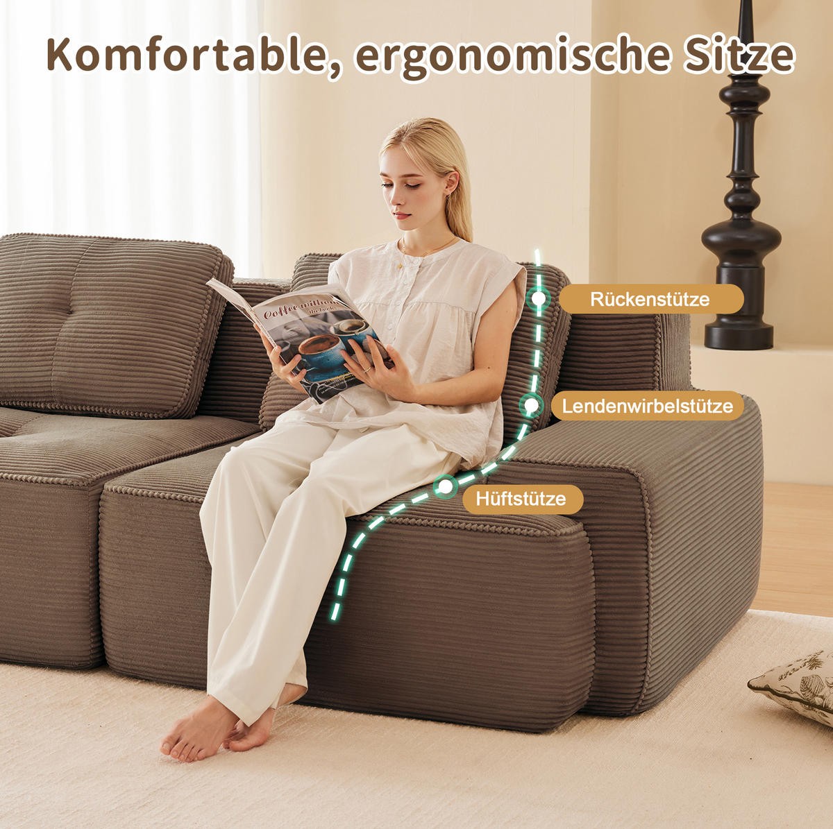 SOFA modular 3-Sitzer Tiefsitz Cord Braun - Braun, Textil (293/69/104cm) - IVMEU