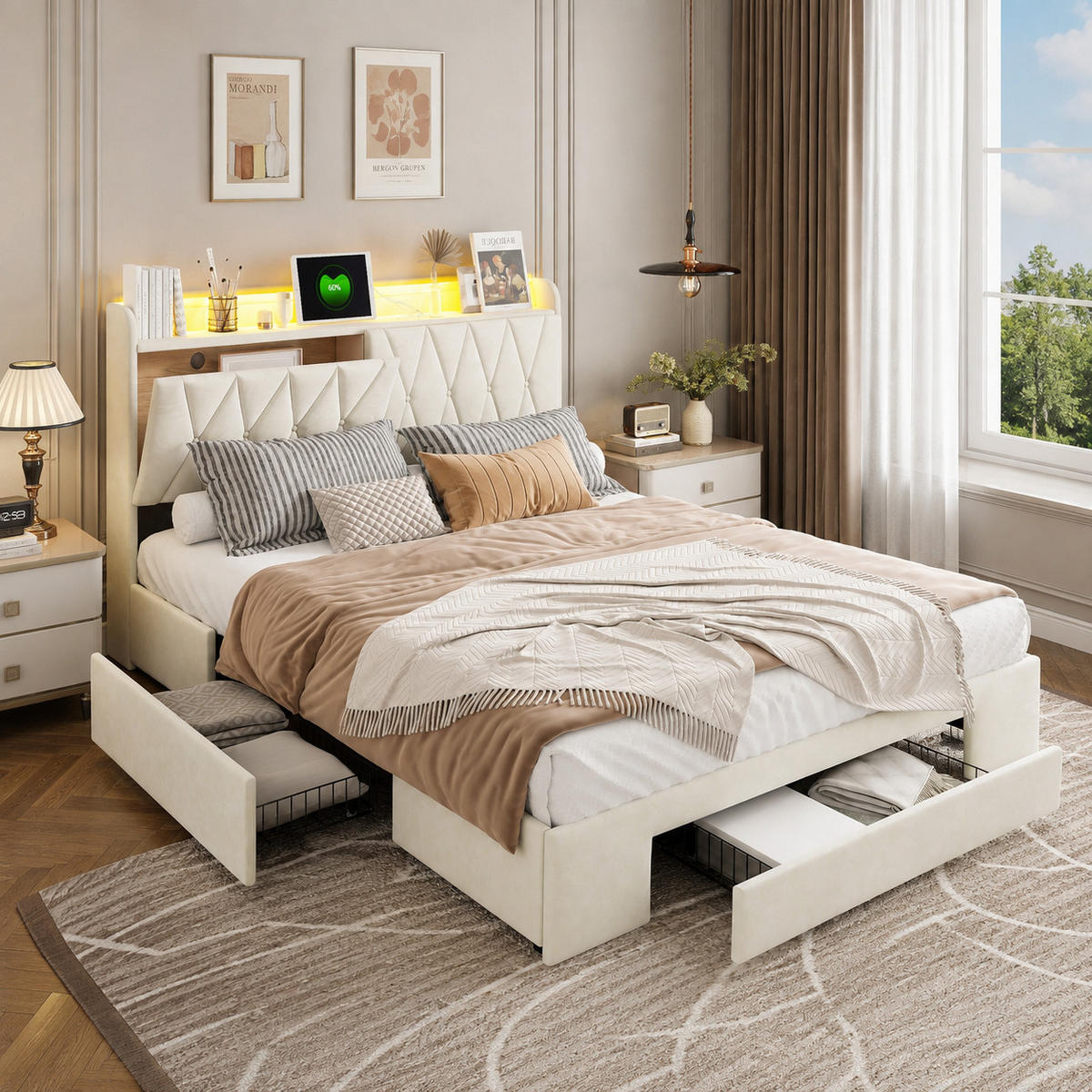 POLSTERBETT 160/200 cm mit Schubkasten‑Stauraum, LED‑Beleuchtung & USB‑Anschluss, Chesterfield‑Samtkopfteil - Beige, Holz/Metall (160/200cm) - Joyfair