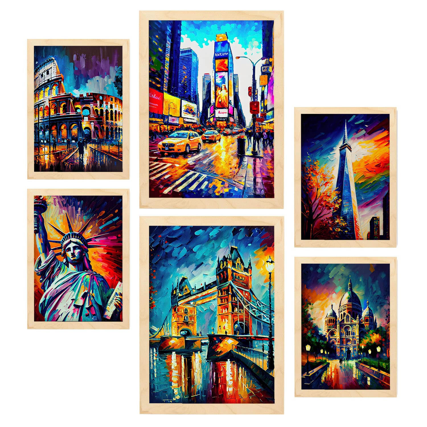 POSTER Set Mit 6 Menschengemacht Im Ölgemälde A3 & A4 Rahmen Aus Hellem Holz - Beige, Papier (29/3cm) - Nacnic