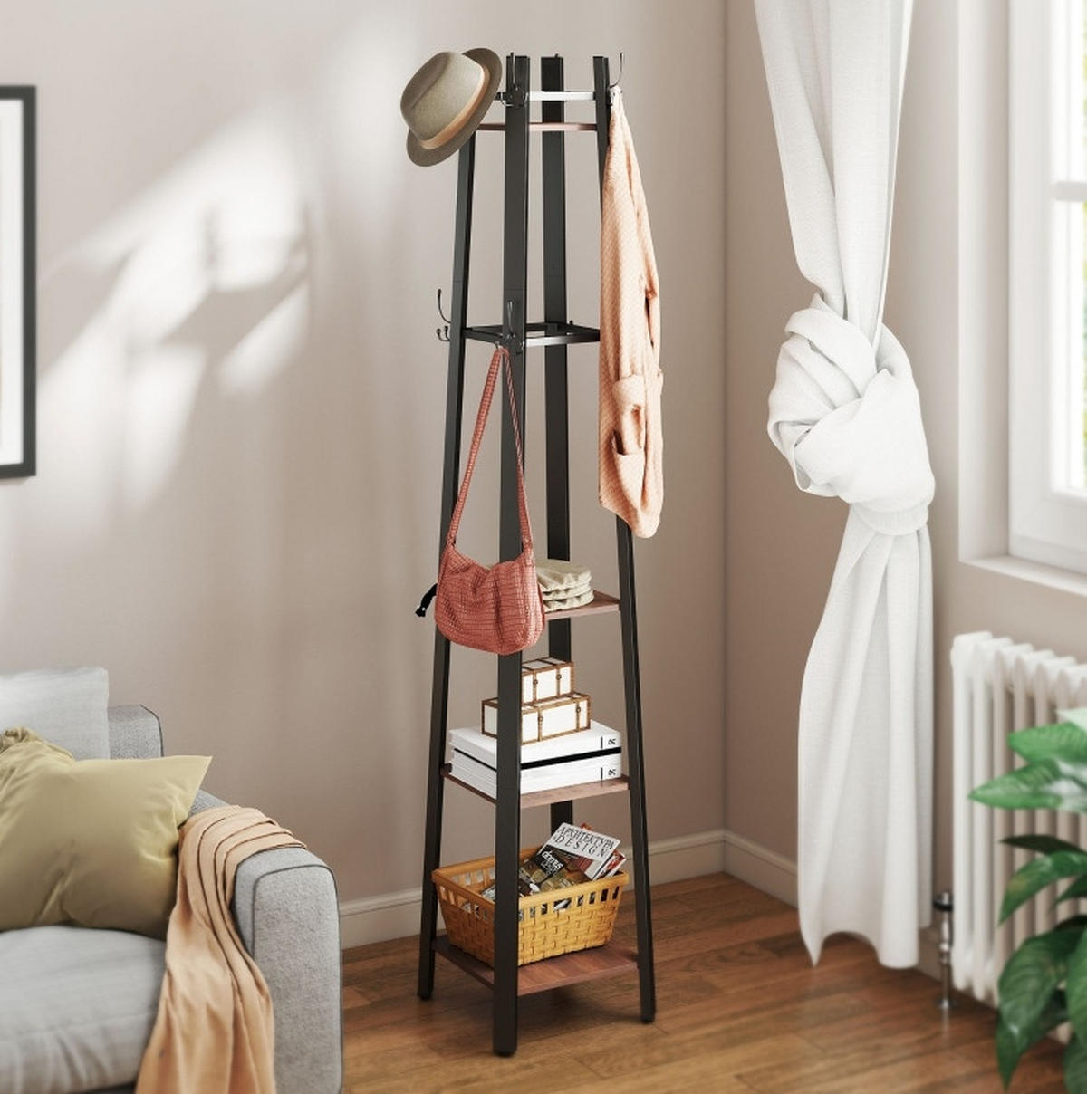 GARDEROBENSTÄNDER 34,8/34,8/179 cm mit 8 Haken und 4 Ablagen aus Metall und Holzoptik, Braun - Braun, Holz (34.8/179/34.8cm) - Redom