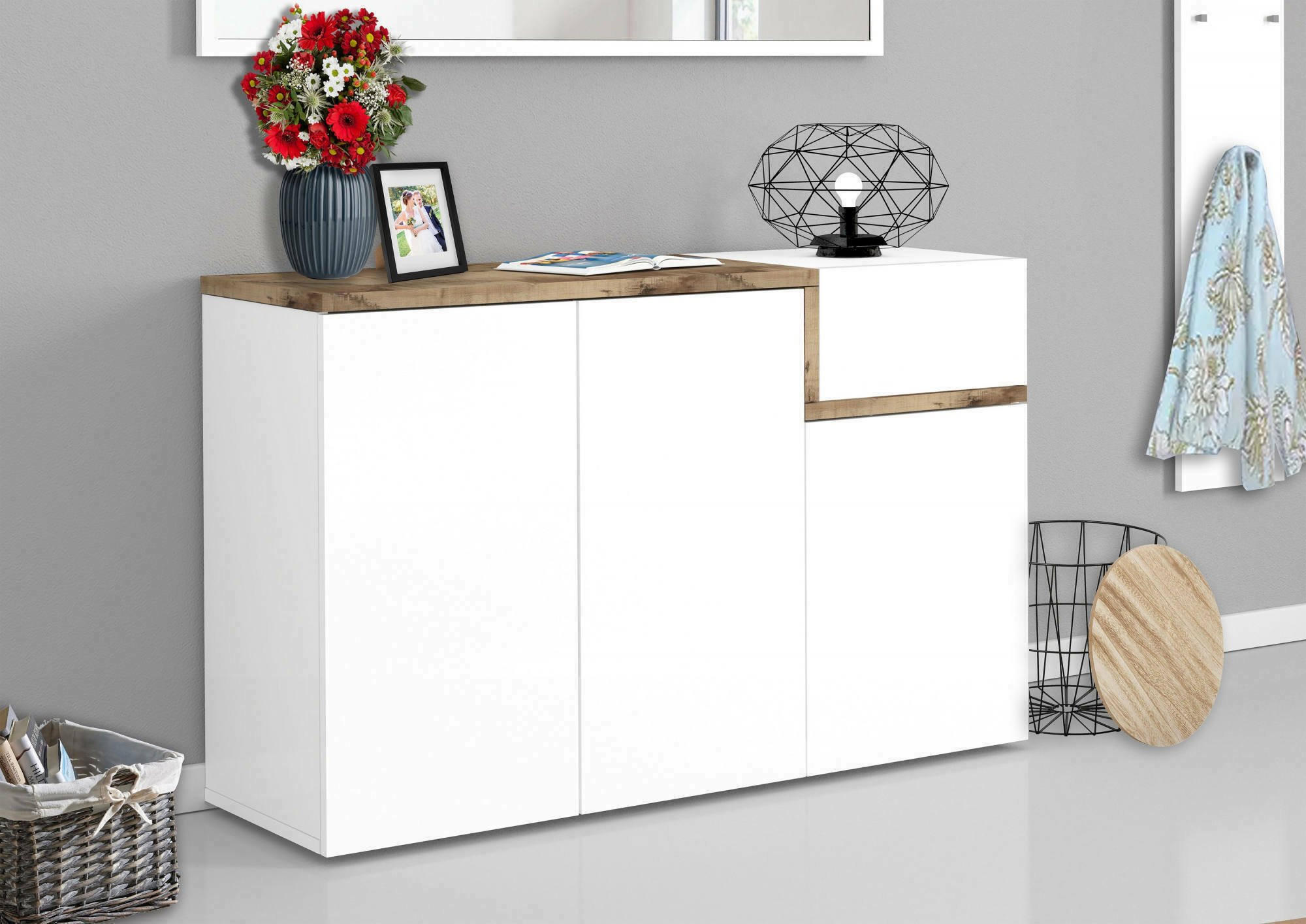 SCHUHSCHRANK Glänzendes Weiß, Ahorn 40/120/80 cm - Ahornfarben/Weiß, Holzwerkstoff (120/80/40cm) - DMORA