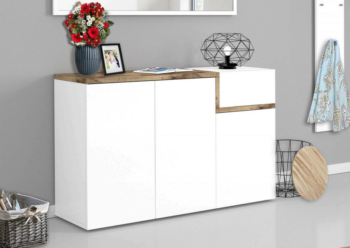 SCHUHSCHRANK Glänzendes Weiß, Ahorn 40/120/80 cm - Ahornfarben/Weiß, Holzwerkstoff (120/80/40cm) - DMORA