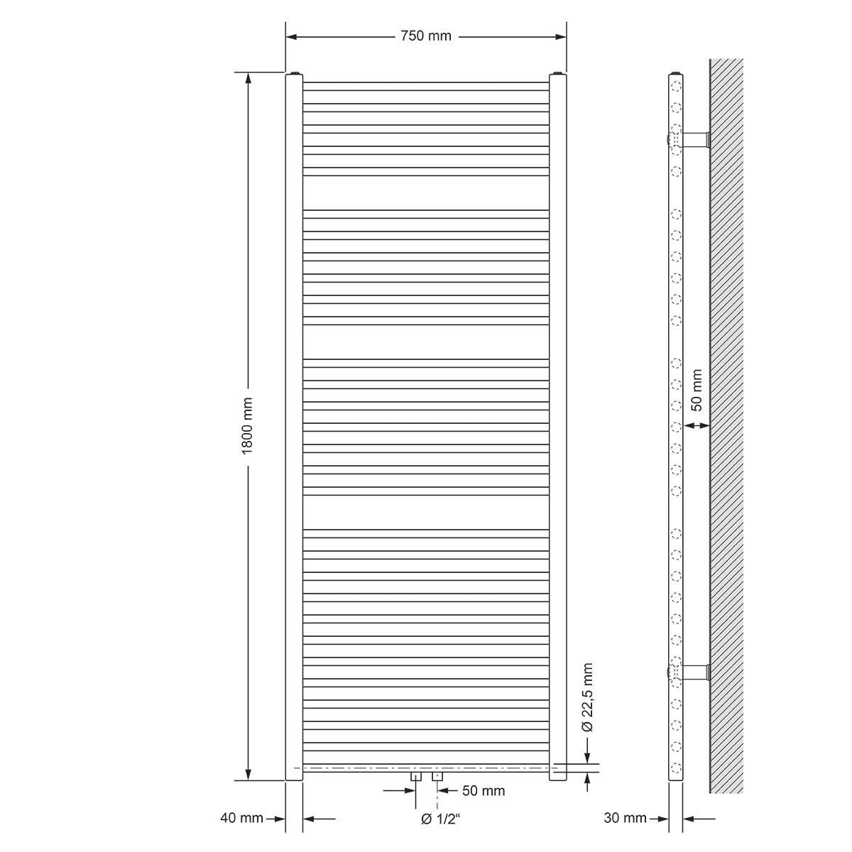 KOUPELNOVÝ radiátor Sahara 750 x 1800 mm, bílý, rovný, s centrálním připojením - bílá, kov (75/180/3cm) - LuxeBath