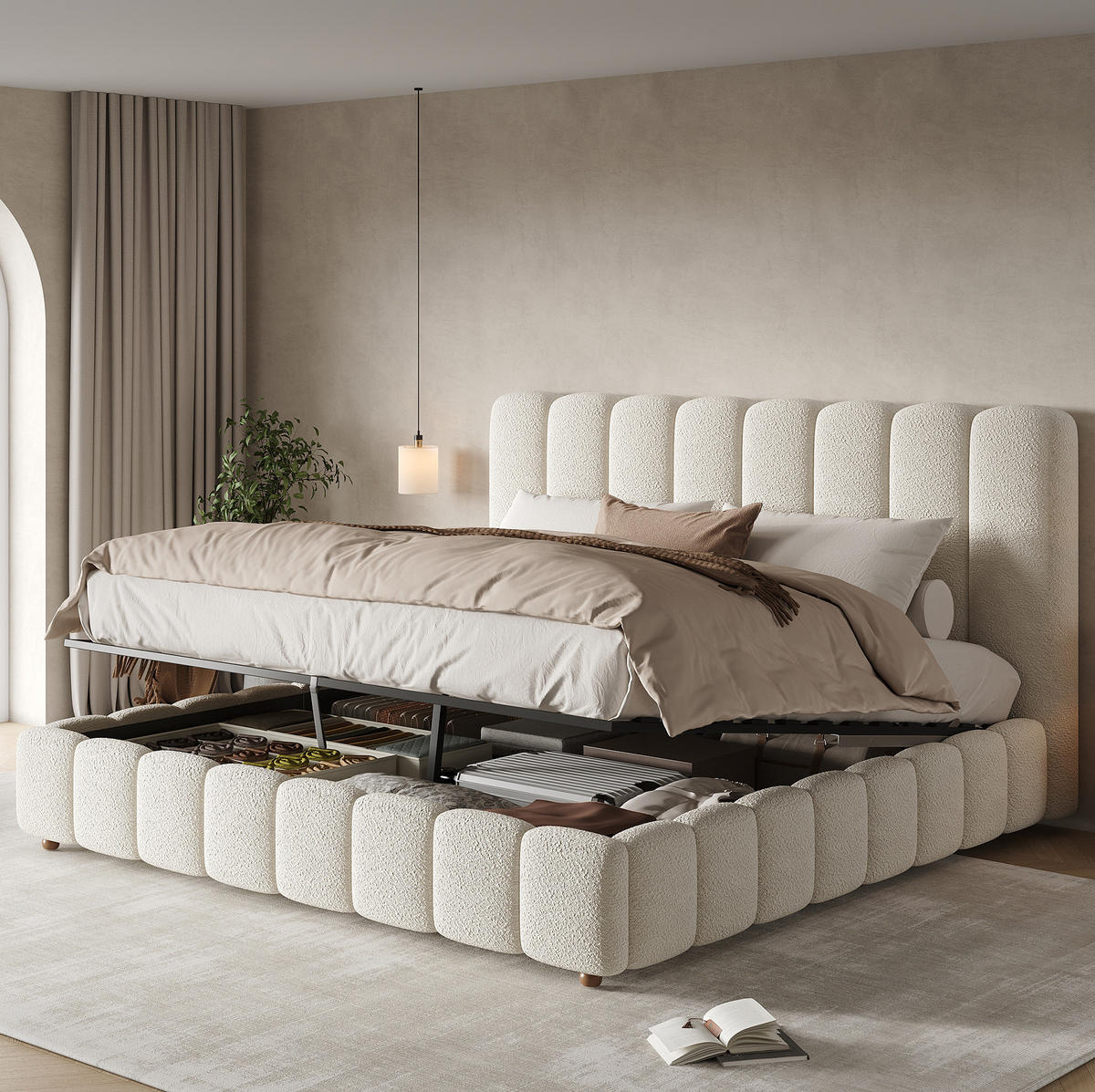 BETT mit Bettkasten Bouclé Weiß - Weiß, Metall (160/200cm) - Meubliv