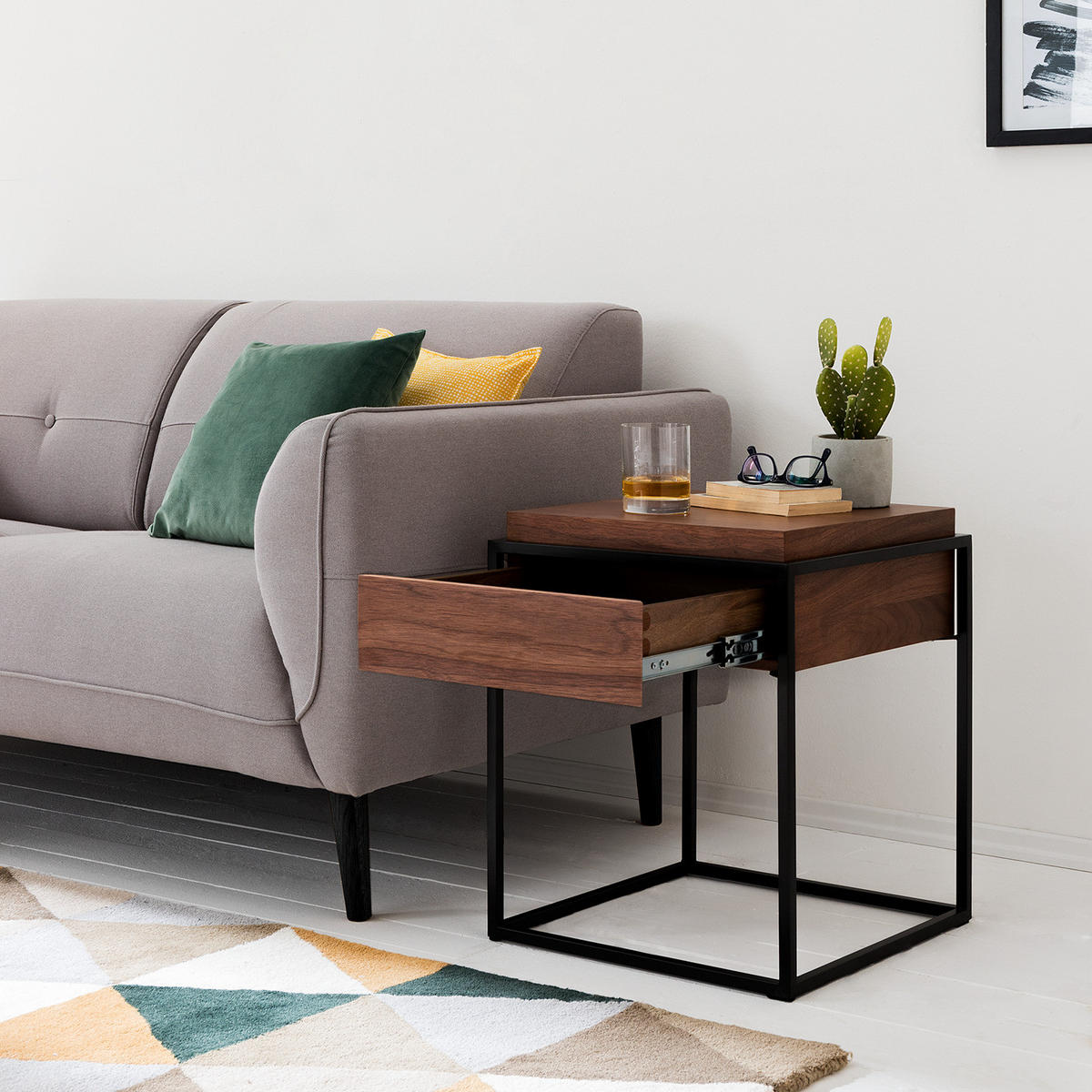 BEISTELLTISCH - Echtholzfurnier / Metall, Walnuss / Schwarz - Braun, Metall (43/43/52cm) - home24