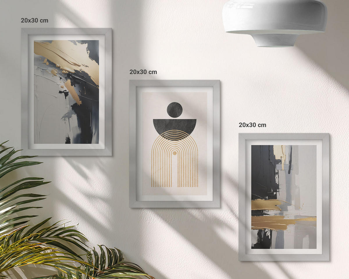 BILDER SET 3er Set - 20x30 cm Silberner Rahmen - Abstrakte Geometrie Eleganz - Silberfarben, Kunststoff (20/30cm) - TULUP