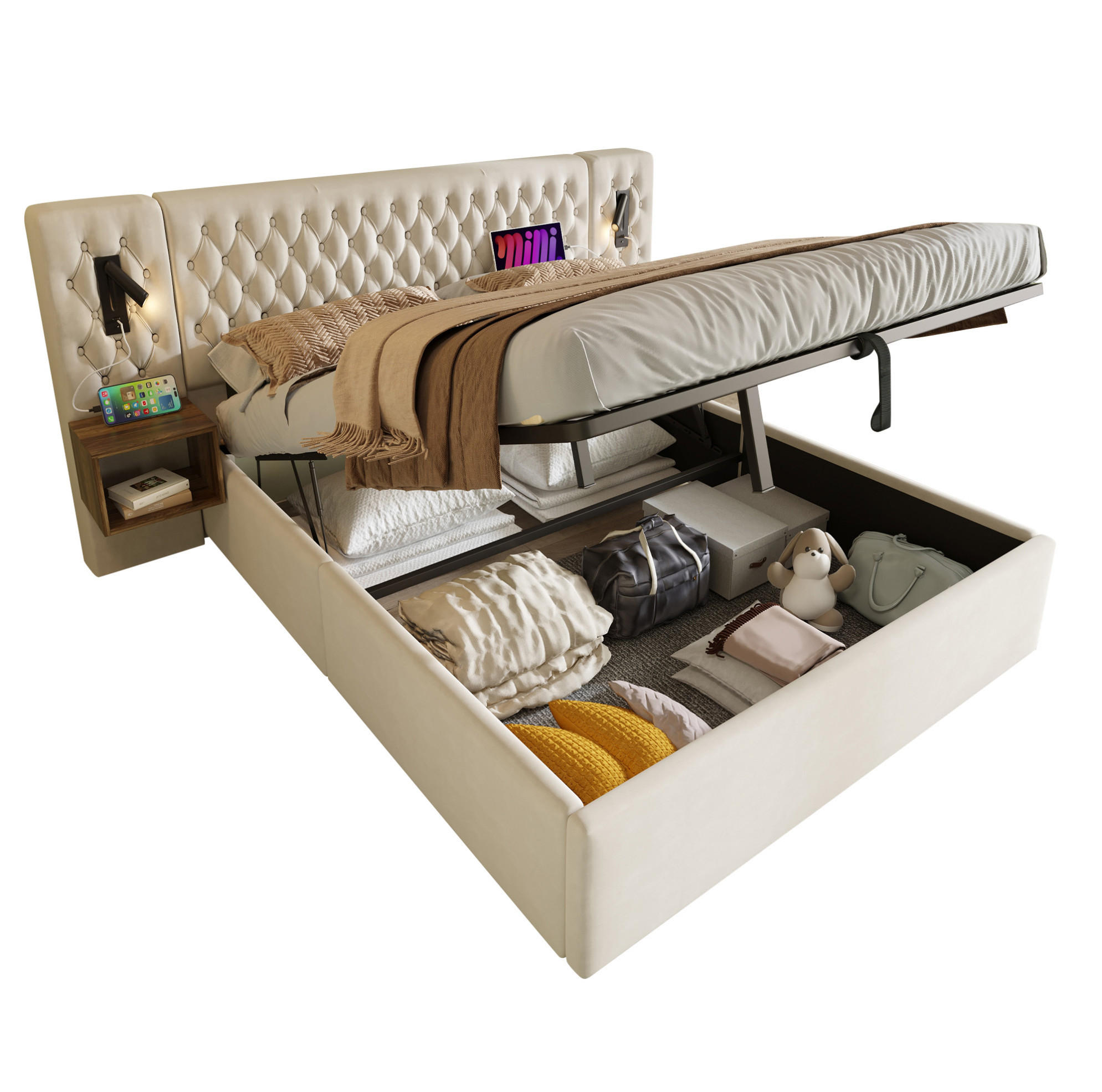 POLSTERBETT 160/200 cm aus Samt mit 2 Nachttischen, Leselicht, USB/Type-C, Bettkasten und Matratze, Beige - Beige, Textil (160/200cm) - Redom
