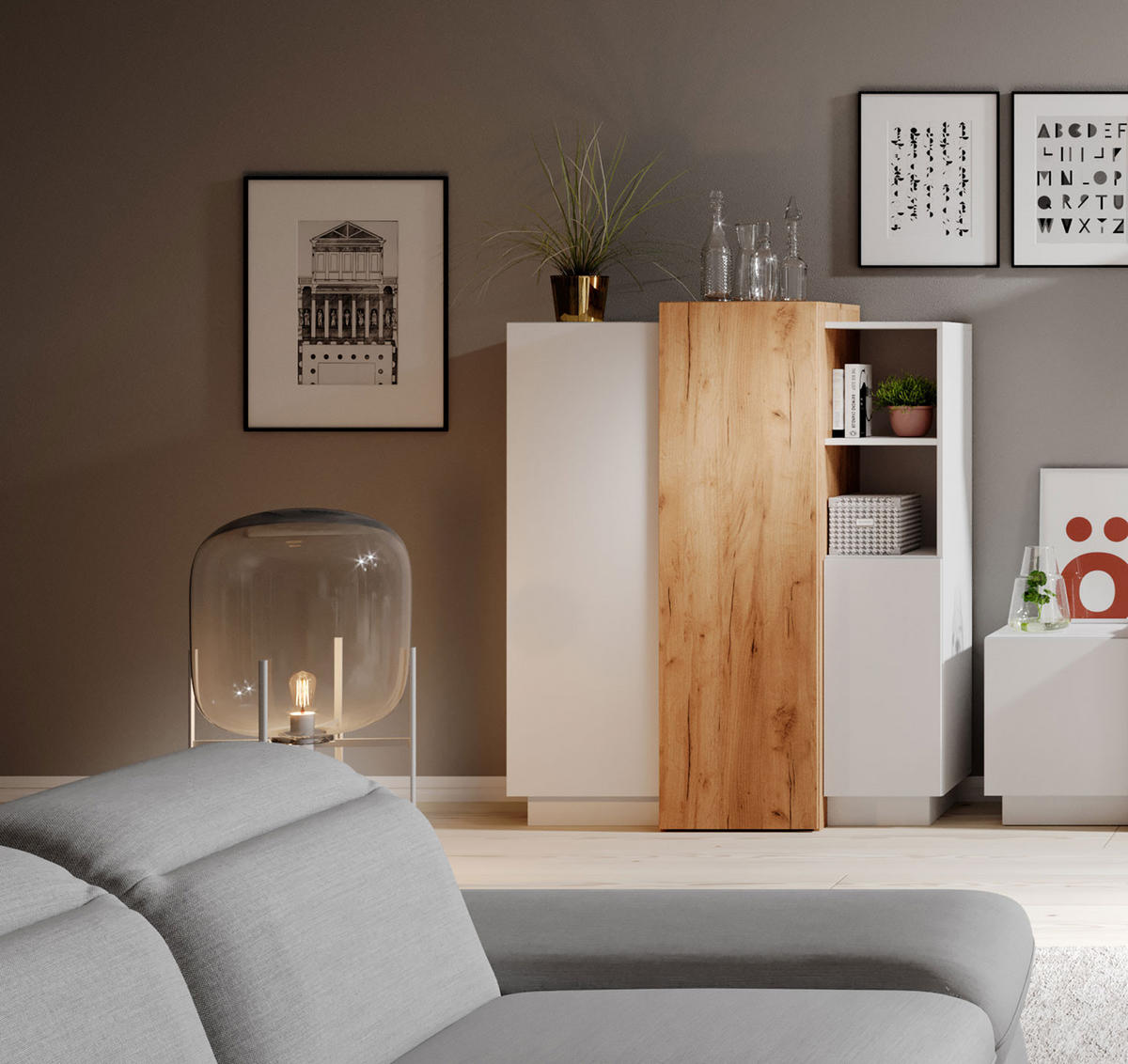 KOMMODE 3D E weiß / Gold Craft Oak 110 / 45 / 133,5cm - Eichefarben/Weiß, Holz/Holzwerkstoff (110/133.5/45cm) - Feldmann-Wohnen